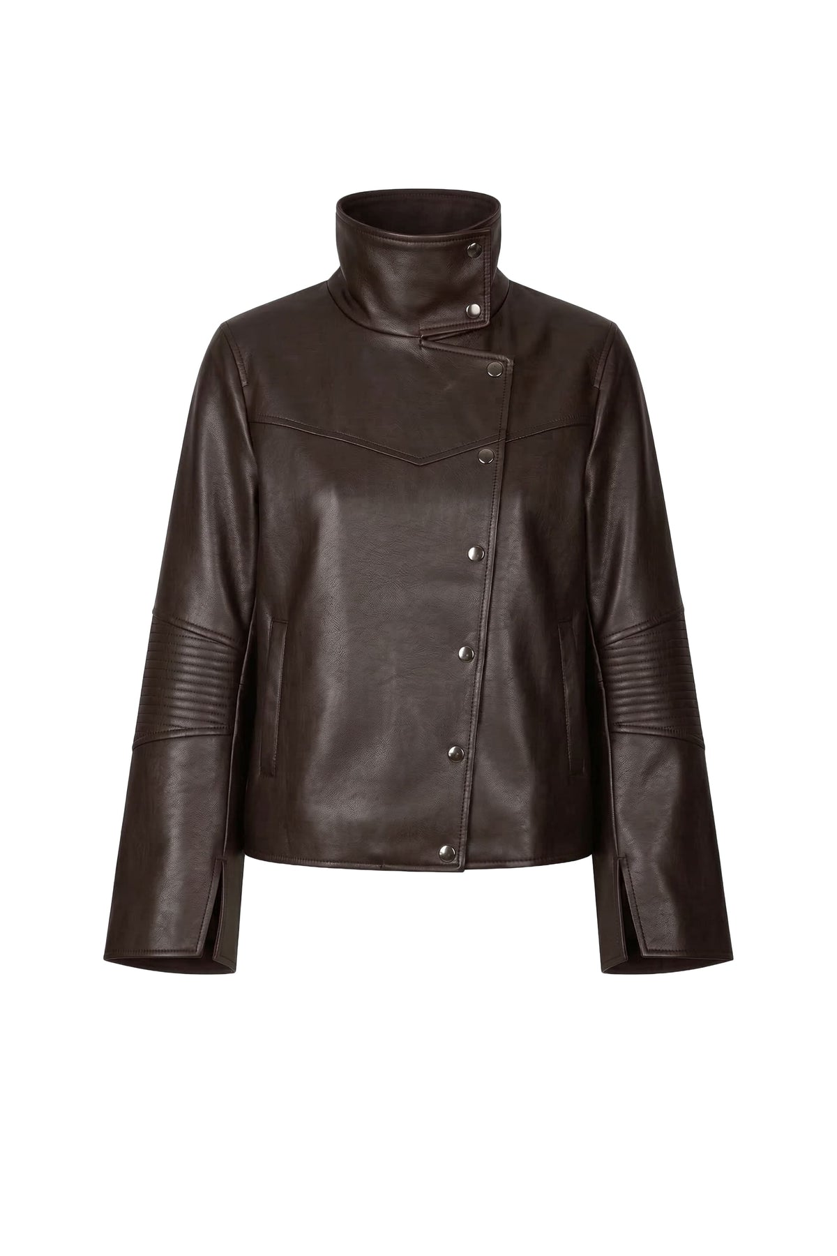 A dark brown leather jacket with a high mock neck, asymmetrical button closure, and ribbed sleeve details, shown against a plain white background.