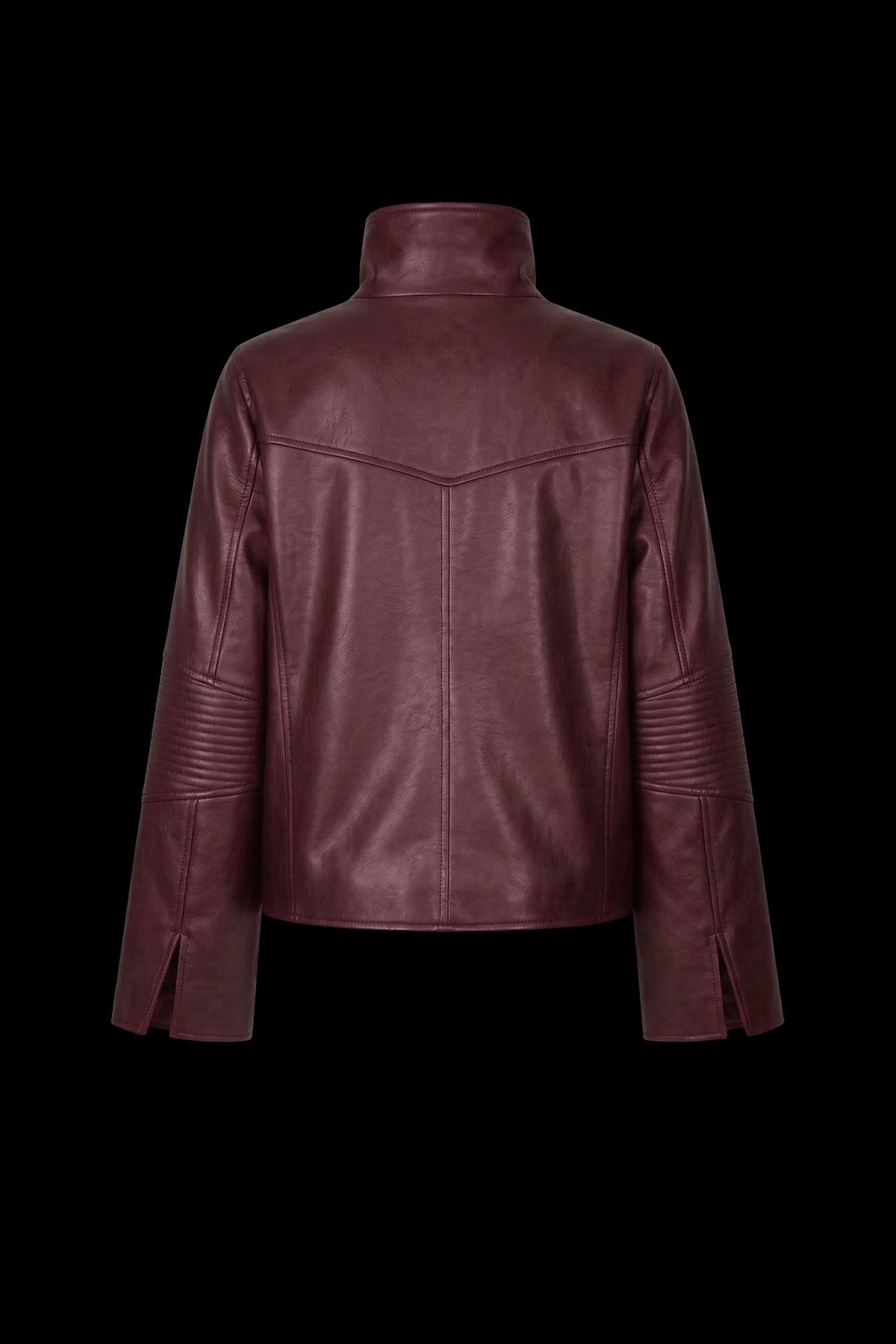 A dark burgundy leather jacket with a high mock neck collar, shown from the back against a solid black background.