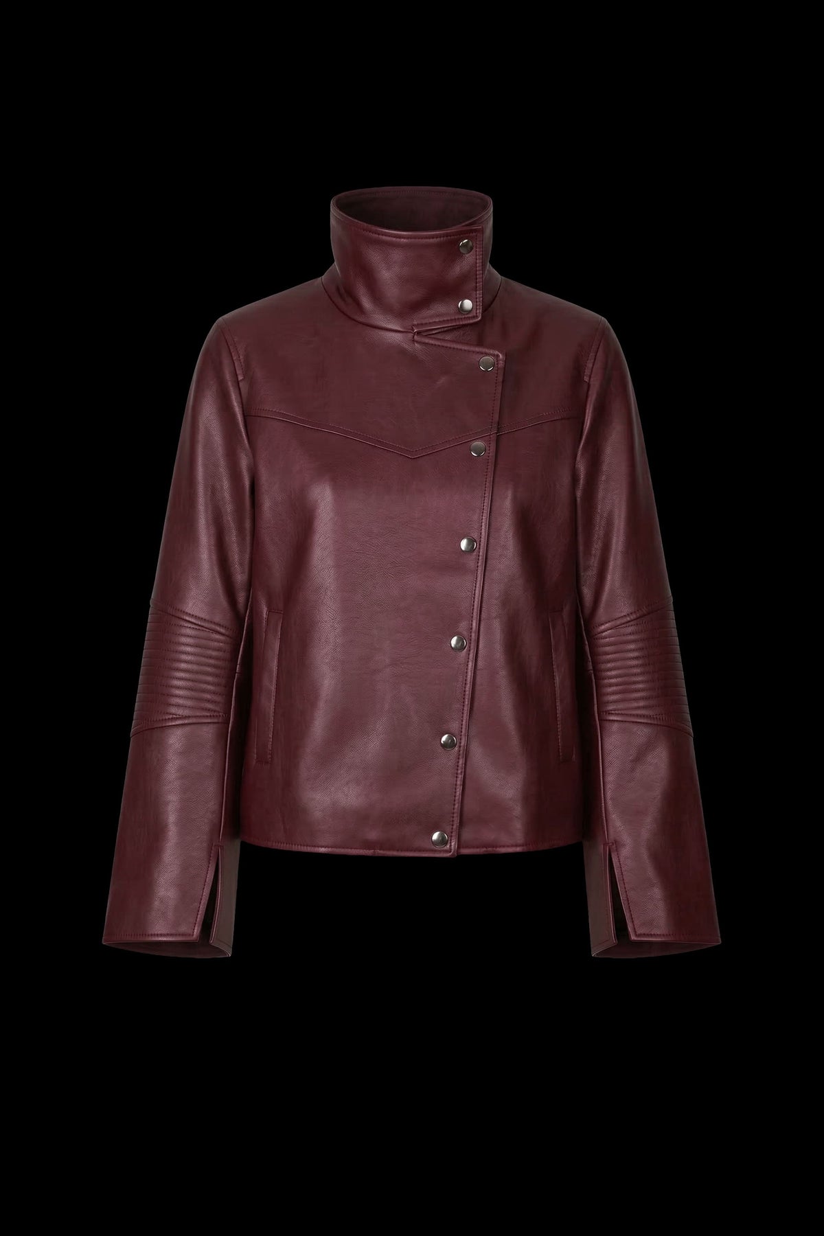 A dark burgundy leather jacket with a high mock neck, asymmetrical snap closure, and ribbed sleeve detailing, shown against a solid black background.