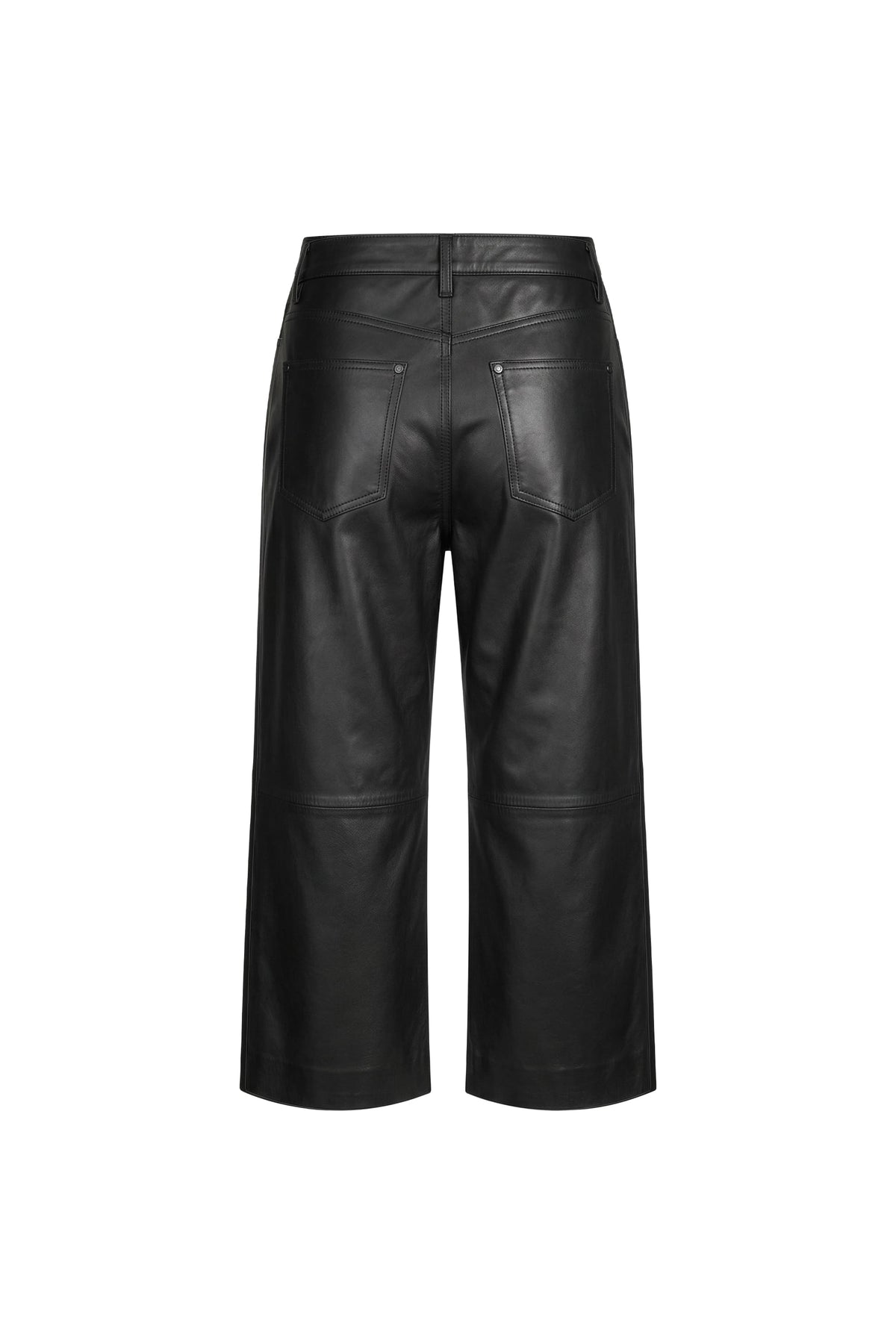 Black faux leather cropped pants with a wide leg, featuring a back pocket design and a button closure at the waist, shown against a plain white background.