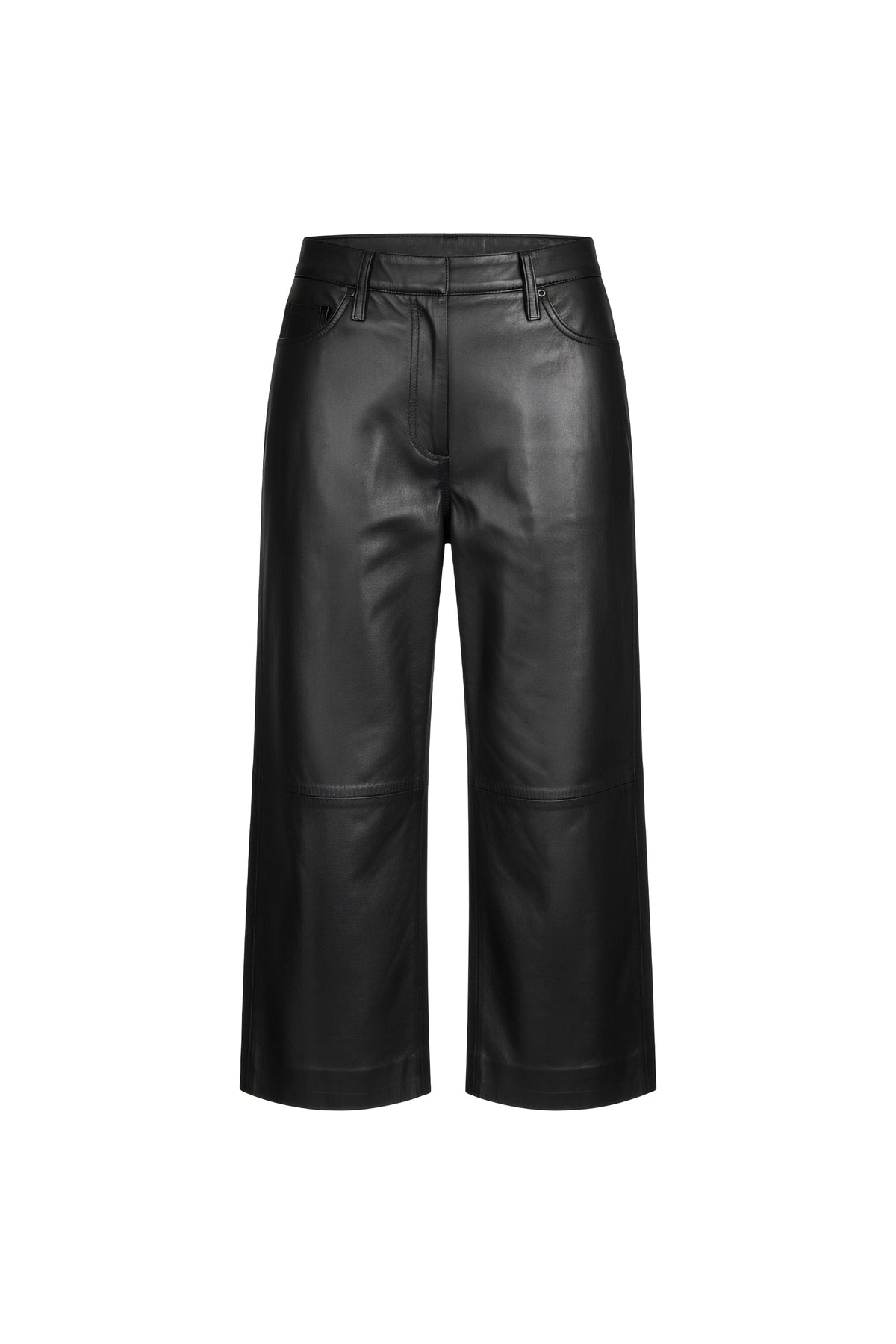 Black faux leather cropped pants with a wide leg and front button closure, shown on a plain white background.