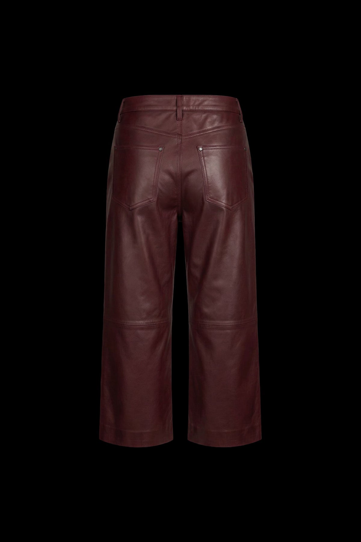 A pair of dark burgundy leather cropped pants shown from the back against a solid black background.