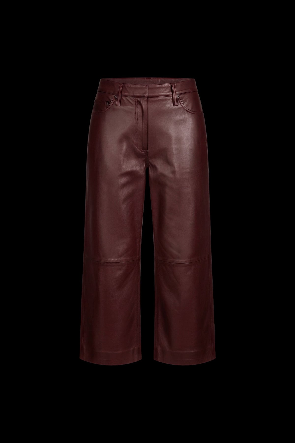 A pair of dark reddish-brown faux leather cropped pants with a wide leg, shown against a solid black background.
