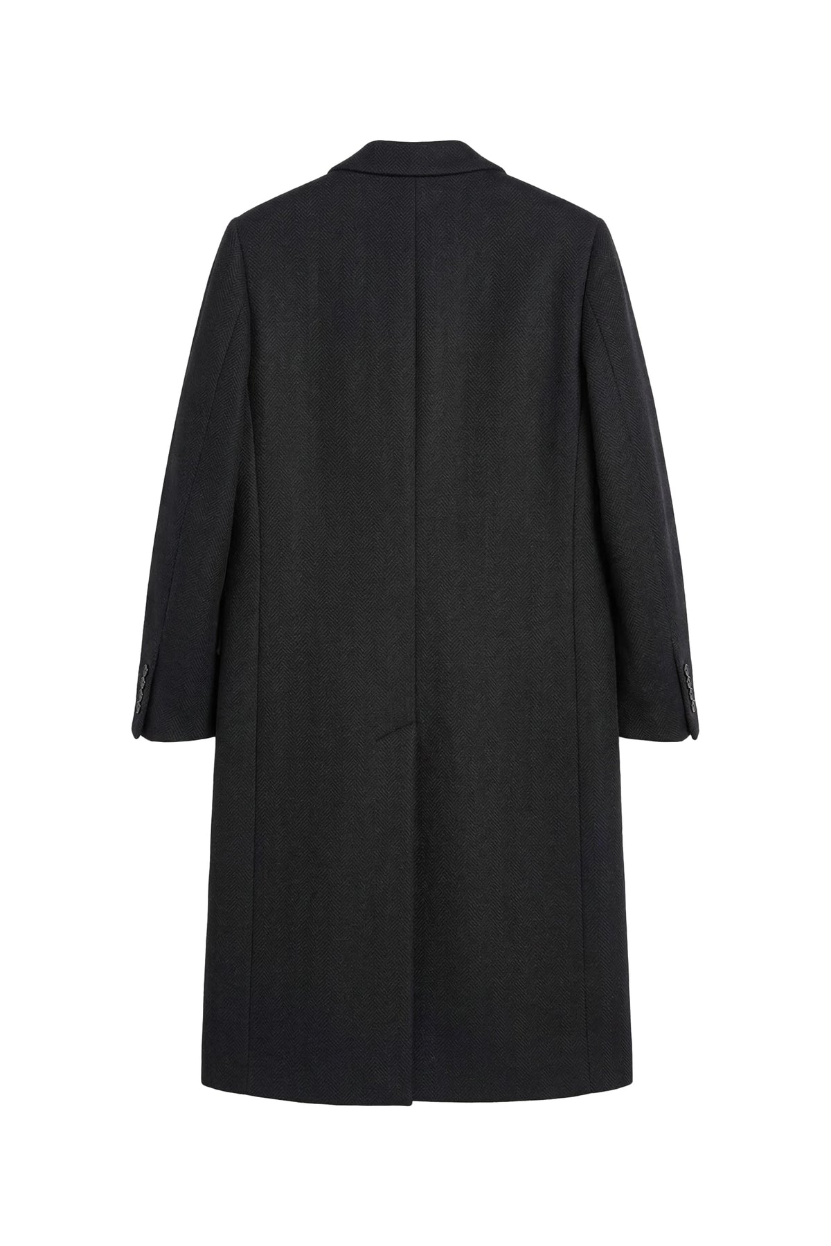 A black wool-blend coat shown from the back, featuring a classic collar and long sleeves, photographed against a solid white background.