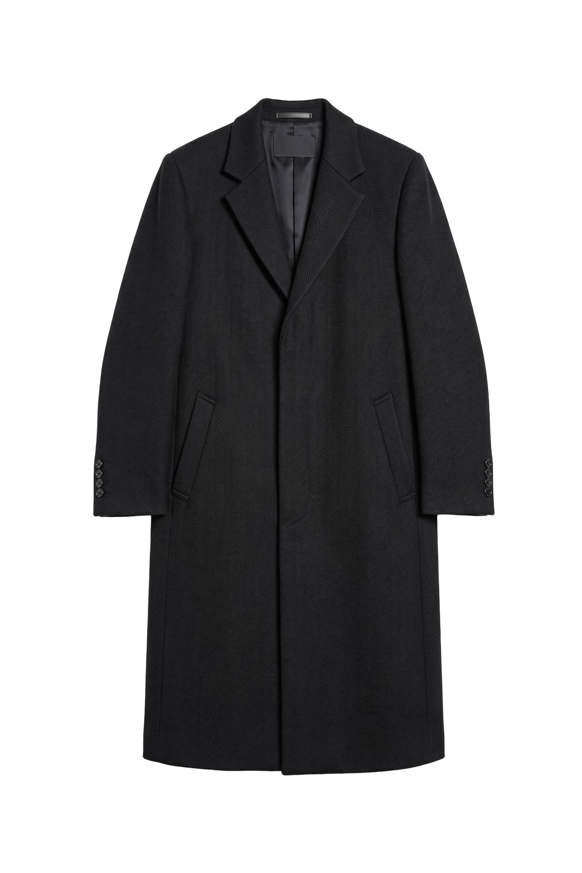 A black mid-length overcoat with notch lapels, long sleeves, and front patch pockets, shown flat against a plain white background.