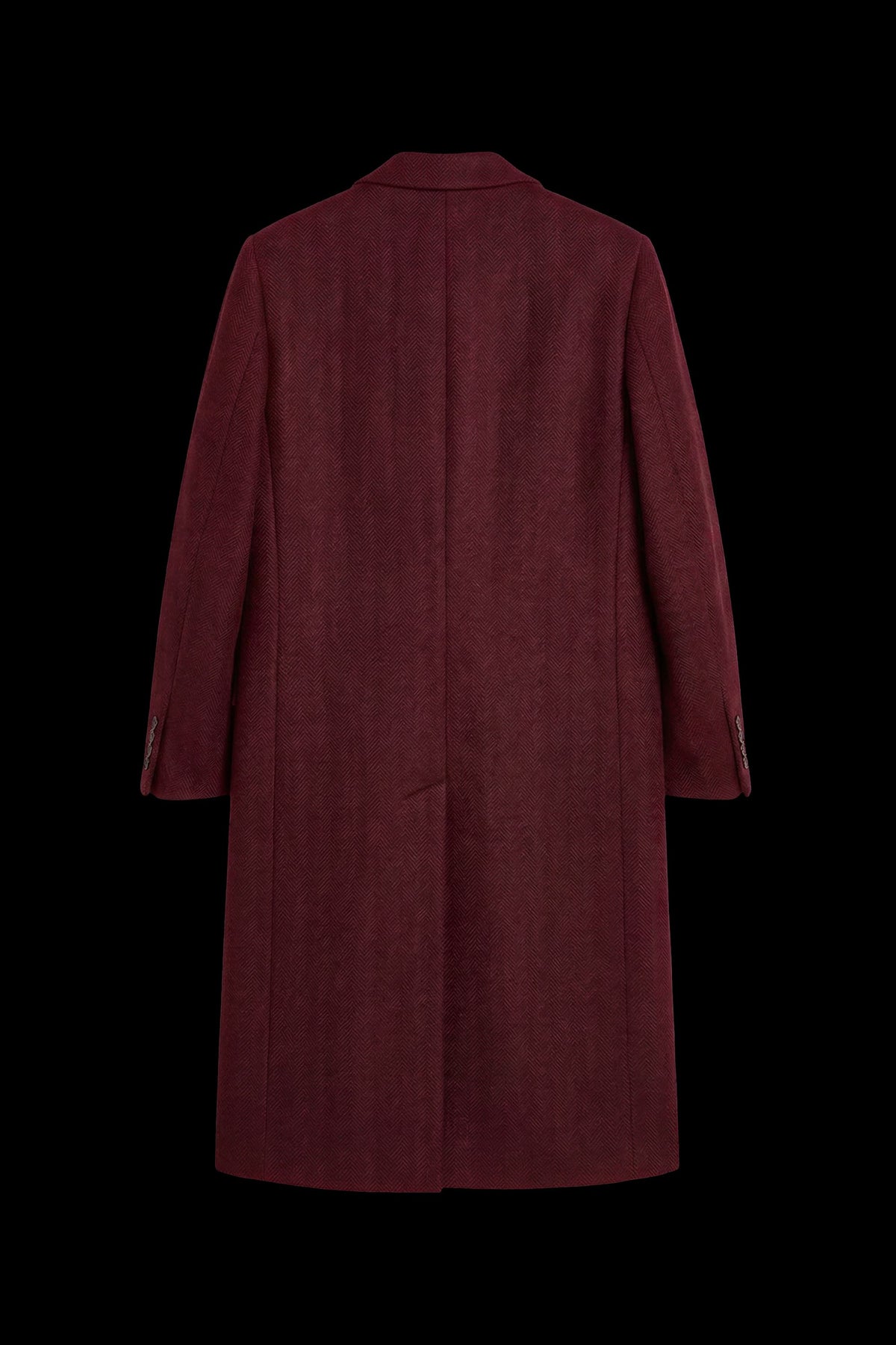 A long burgundy wool coat shown from the back, photographed against a solid black background.