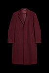 A long burgundy wool-blend coat with notch lapels, front closure, and side pockets, shown against a solid black background.