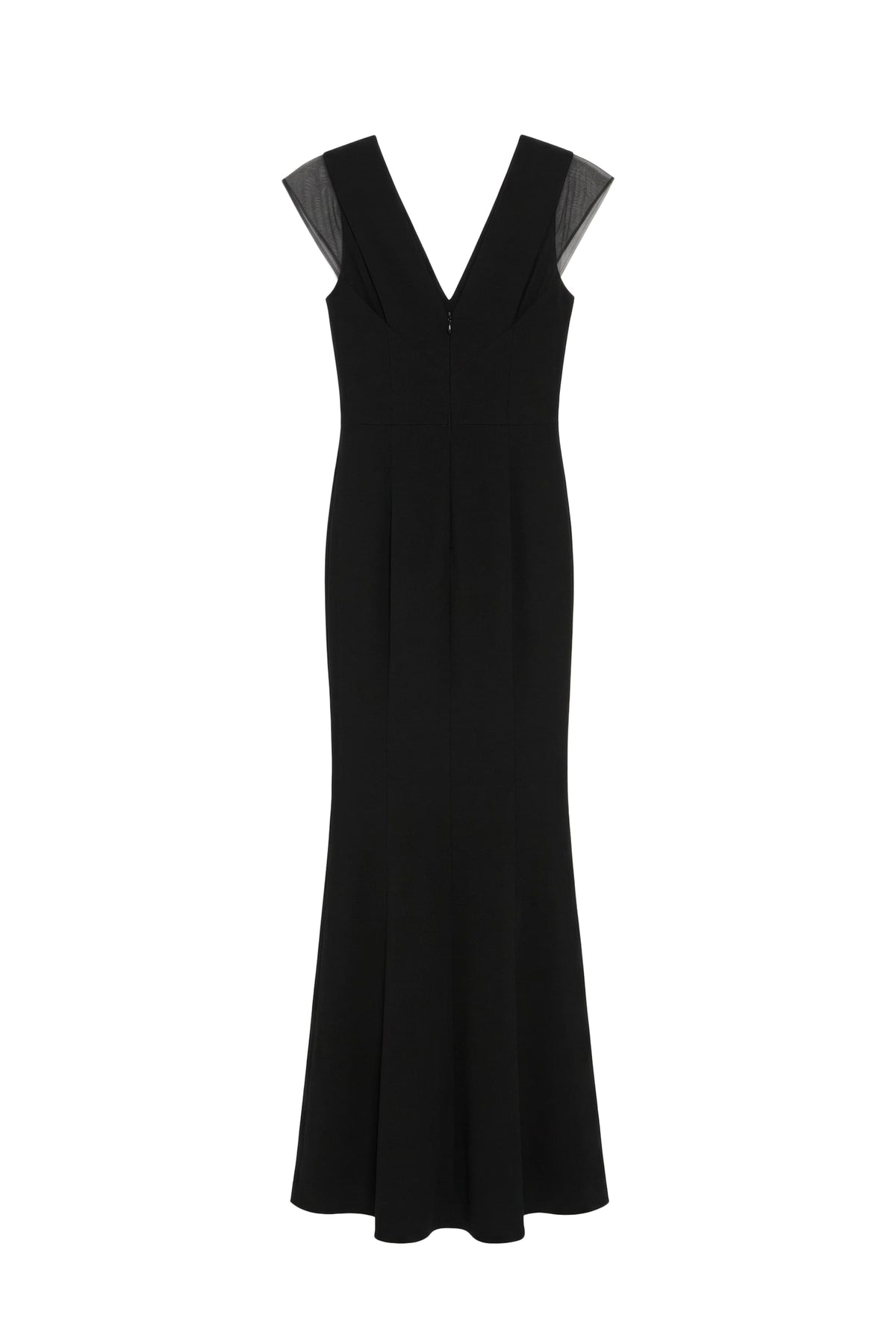 A sleeveless black midi dress with a V-neckline and sheer mesh cap sleeves, shown against a plain white background.