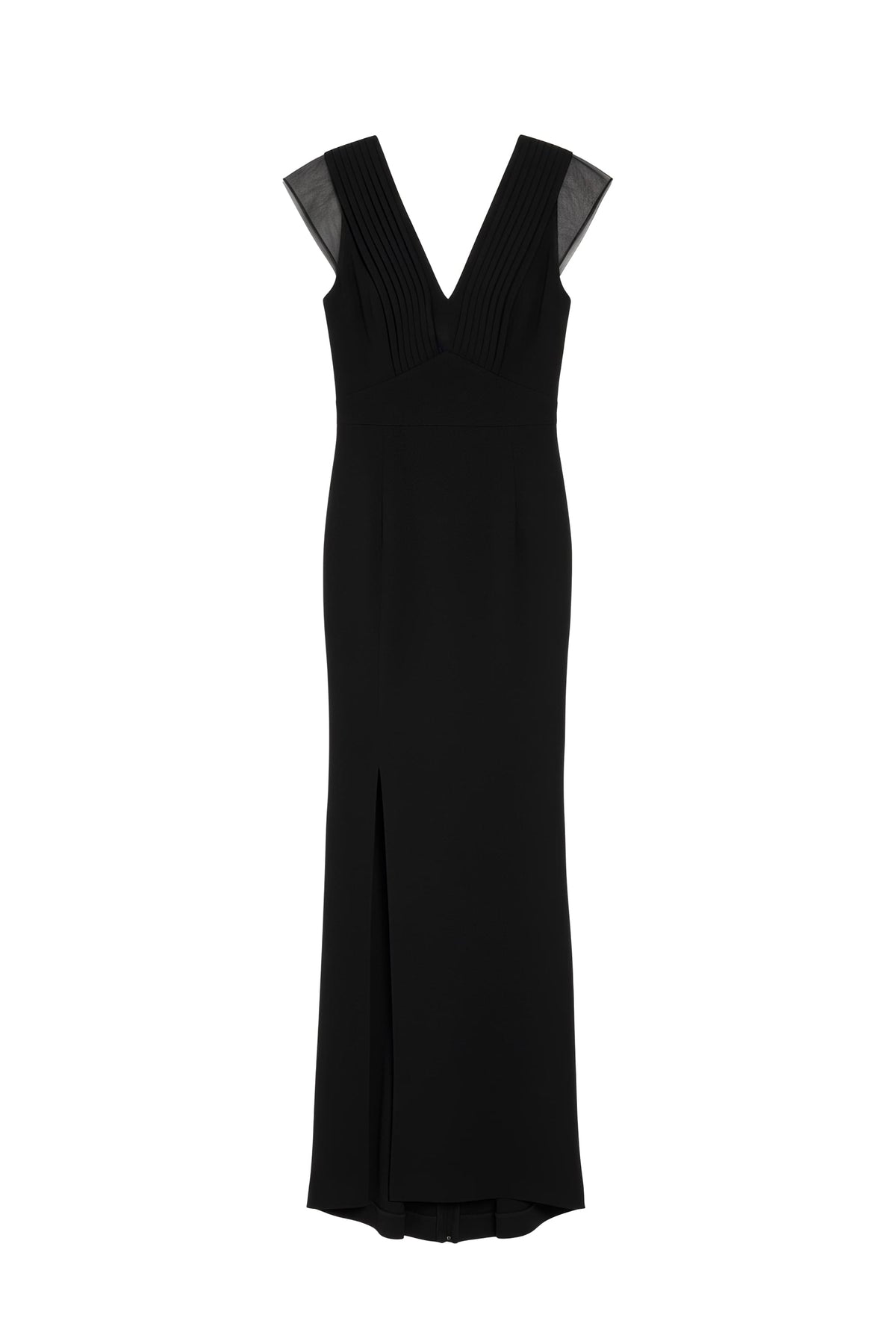 A black sleeveless maxi dress with a deep V-neckline, subtle pleated texture, sheer mesh cap sleeves, and a front slit, shown against a plain white background.