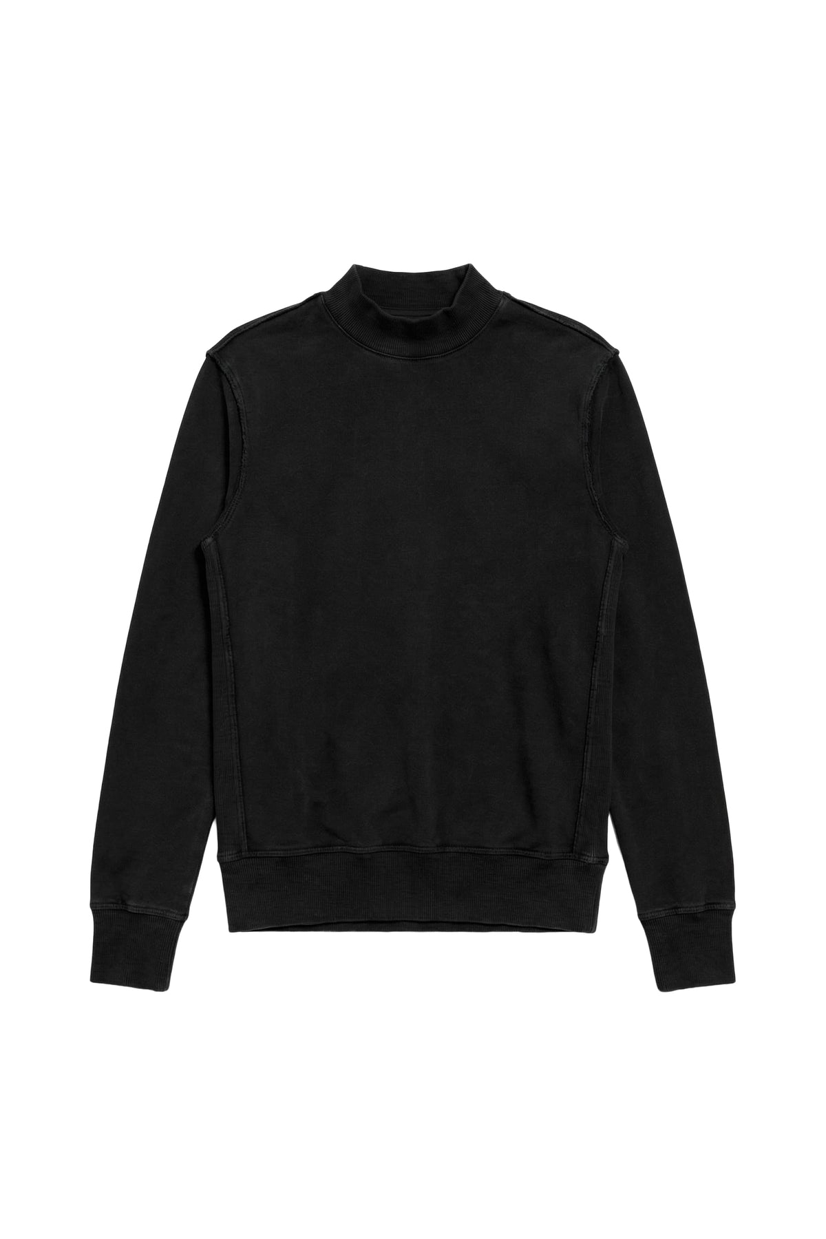 A black long-sleeve mock neck sweatshirt displayed flat against a solid white background.