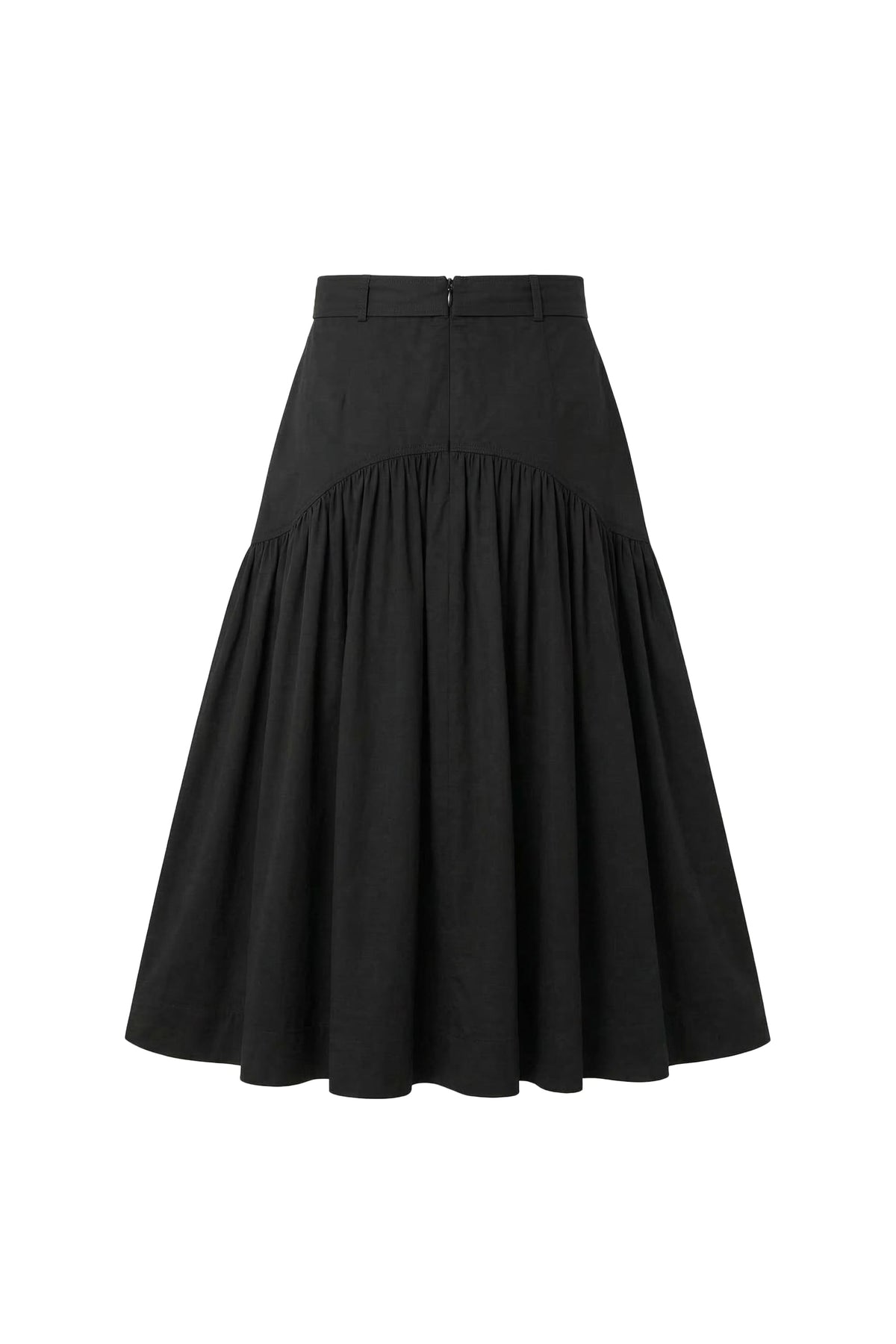 A black high-waisted A-line skirt with a gathered waist and pleated flared hem, shown against a plain white background.