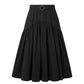 A black high-waisted A-line skirt with a matching waistband belt and a small circular metal ring detail, shown against a plain white background.