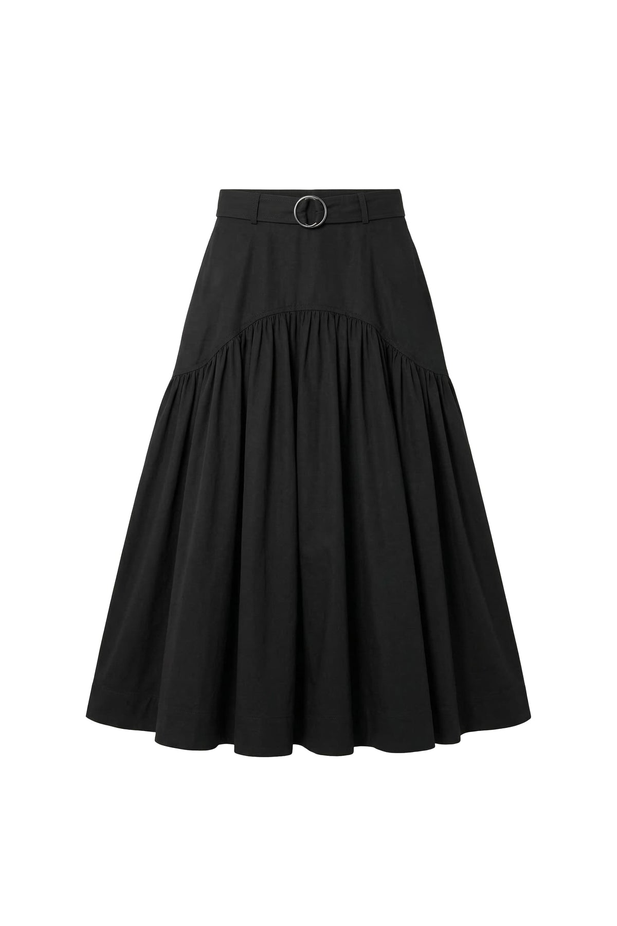 A black high-waisted A-line skirt with a matching waistband belt and a small circular metal ring detail, shown against a plain white background.