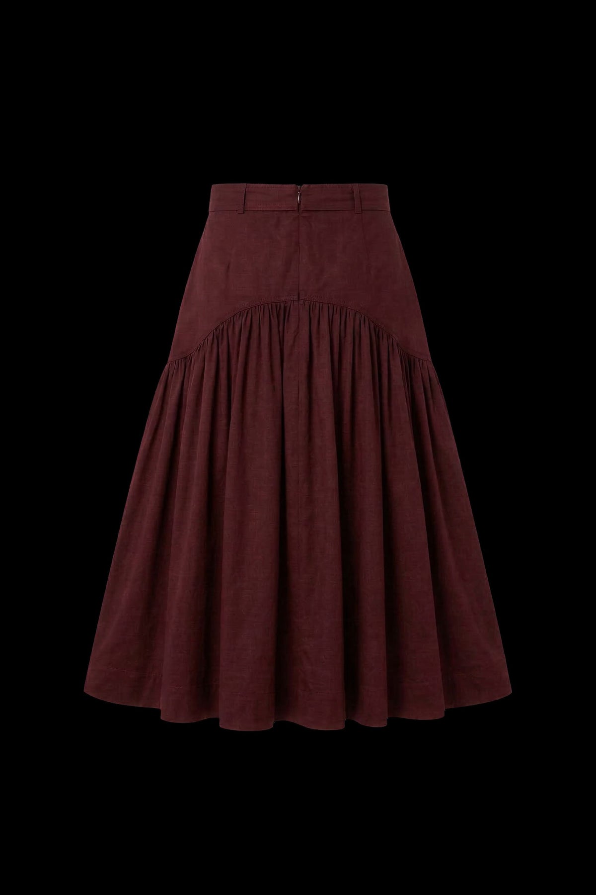 A dark burgundy tiered skirt with a gathered waistband, displayed against a solid black background.