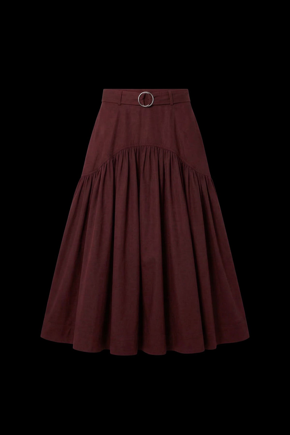 A dark burgundy pleated midi skirt with a matching waistband belt and silver-tone ring buckle, shown against a solid black background.