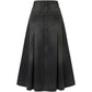 A high-waisted, wide-leg A-line skirt in washed black denim, shown from the back against a plain white background.