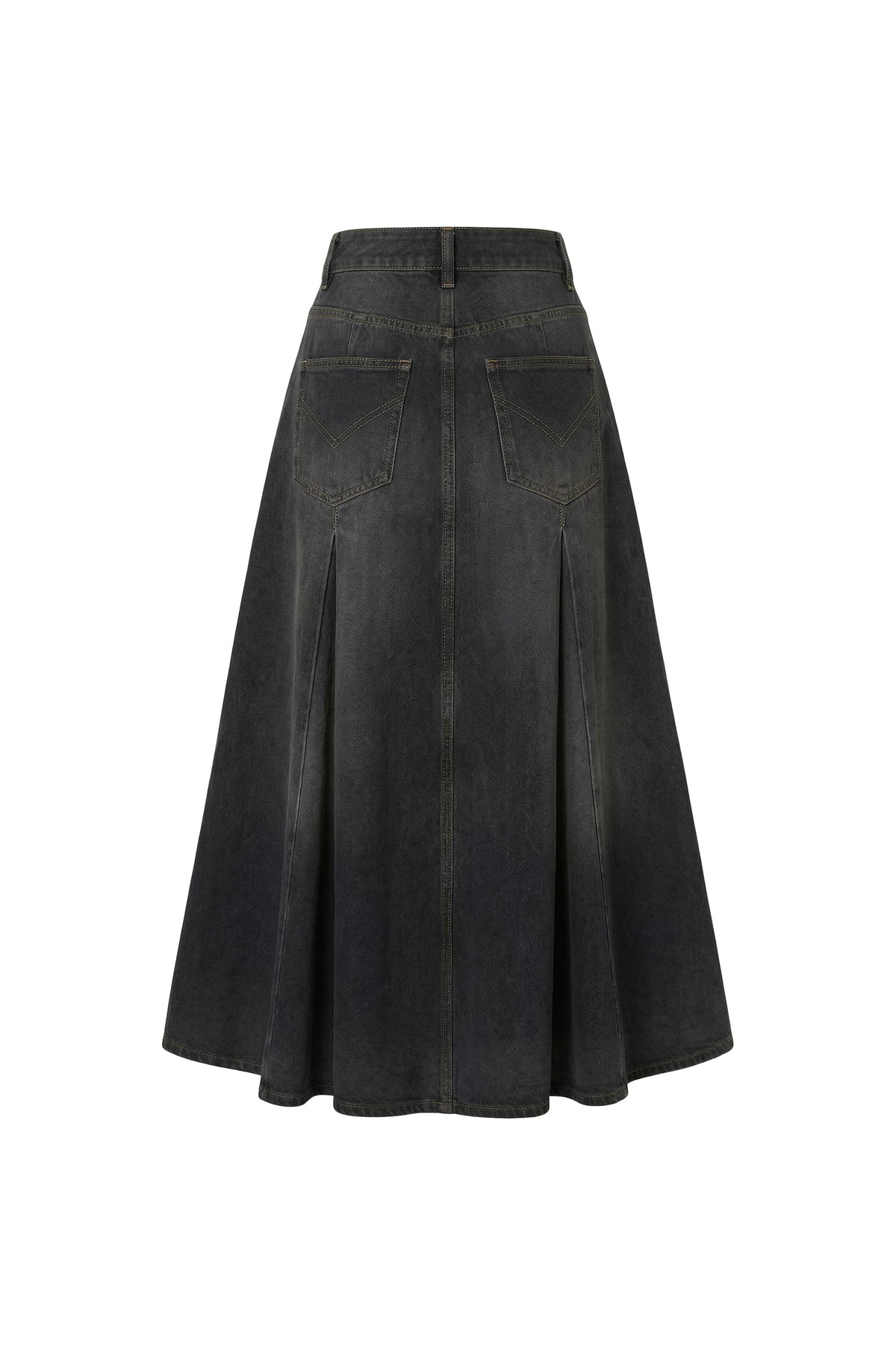 A high-waisted, wide-leg A-line skirt in washed black denim, shown from the back against a plain white background.