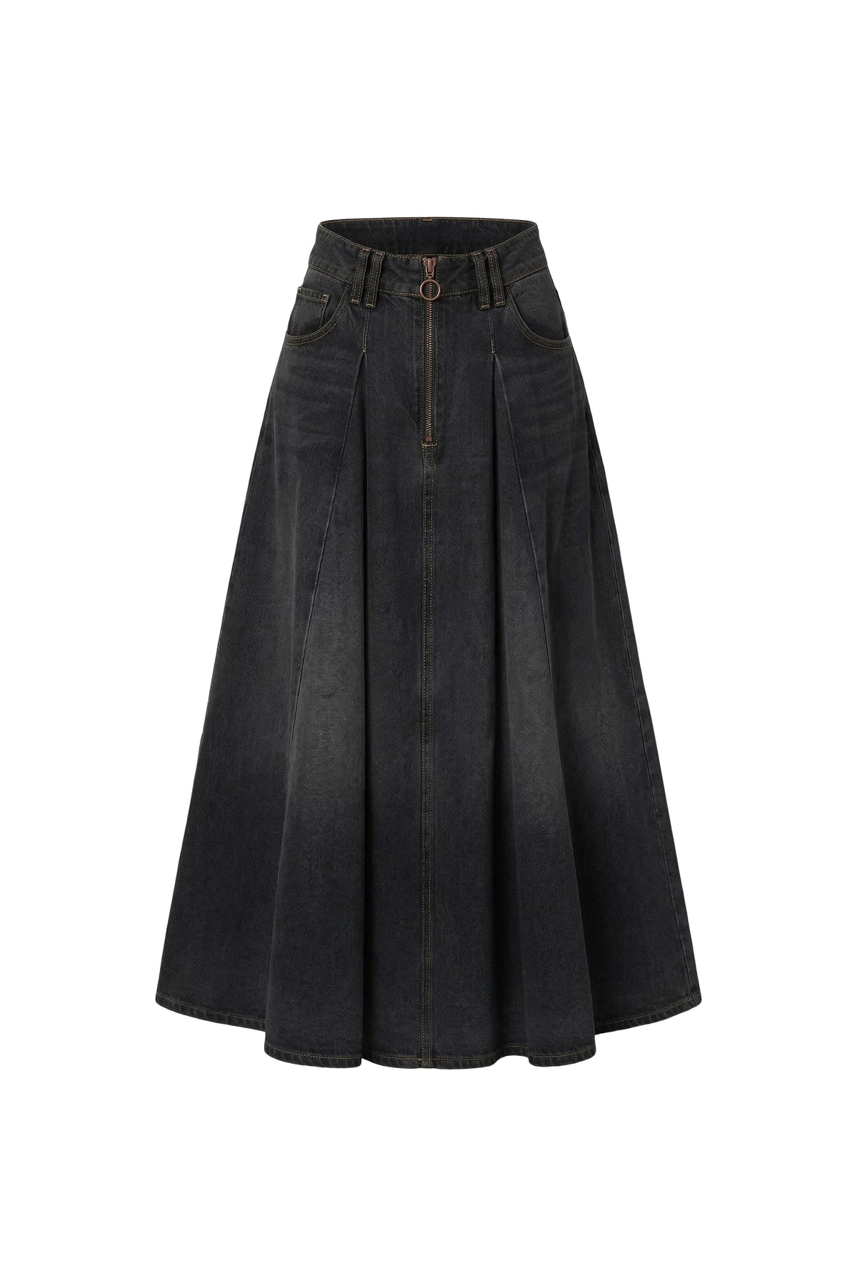 A high-waisted black denim A-line skirt with a front zipper, pleated design, and belt loops, shown against a plain white background.