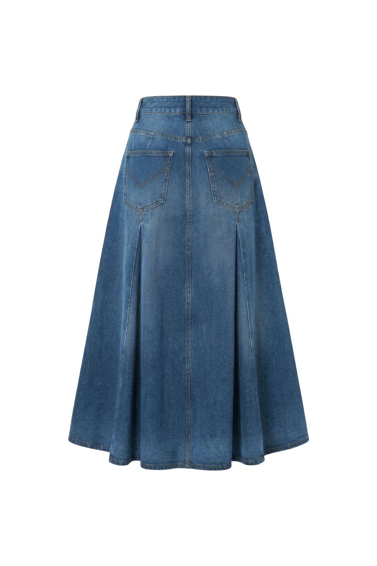 A blue denim A-line midi skirt with a high waist, featuring back pockets and a subtle front pleat detail, shown against a plain white background.
