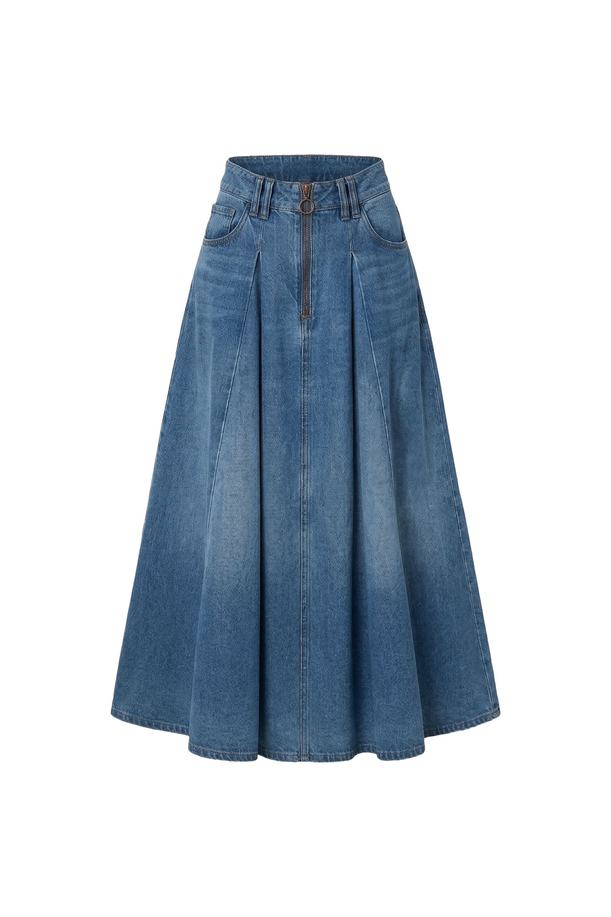 A blue denim A-line skirt with a high waist, front zipper, and pleated detailing, shown against a plain white background.