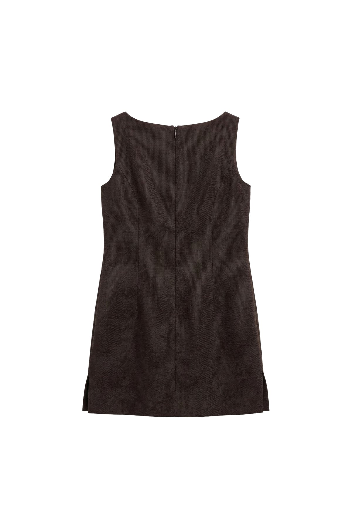A sleeveless dark brown dress shown from the back, featuring a straight neckline and a central seam, displayed on a clean white background.