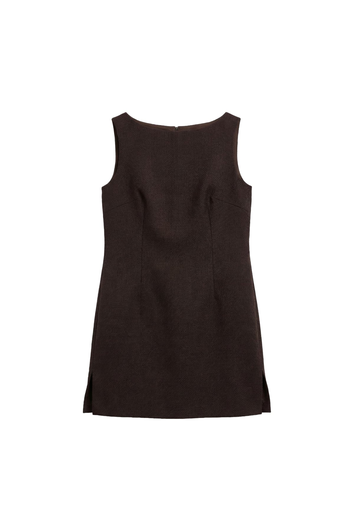 A sleeveless dark brown knit dress with a boat neckline, shown from the back on a plain white background.