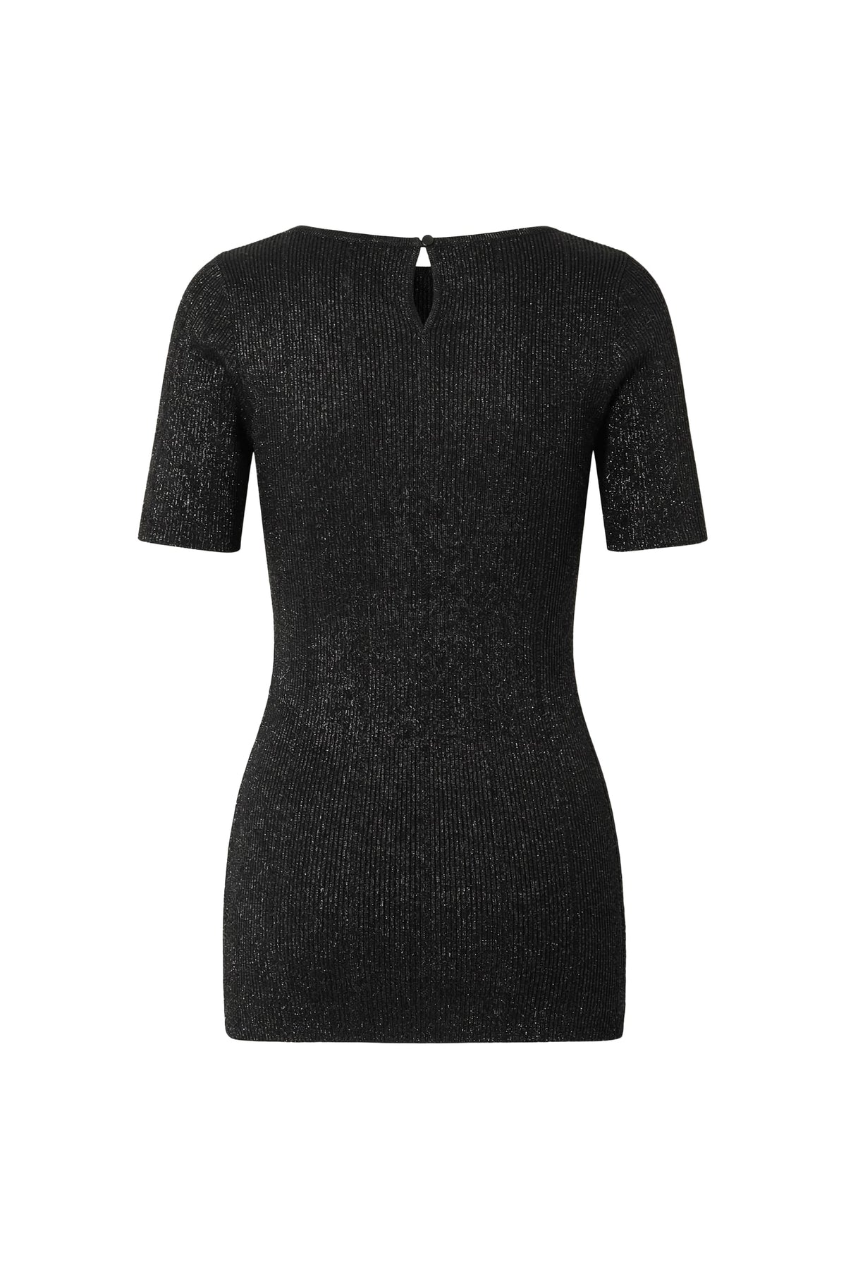 A black short-sleeve knit dress with a textured, shimmering finish and a small keyhole cutout at the back of the neckline, shown against a plain white background.