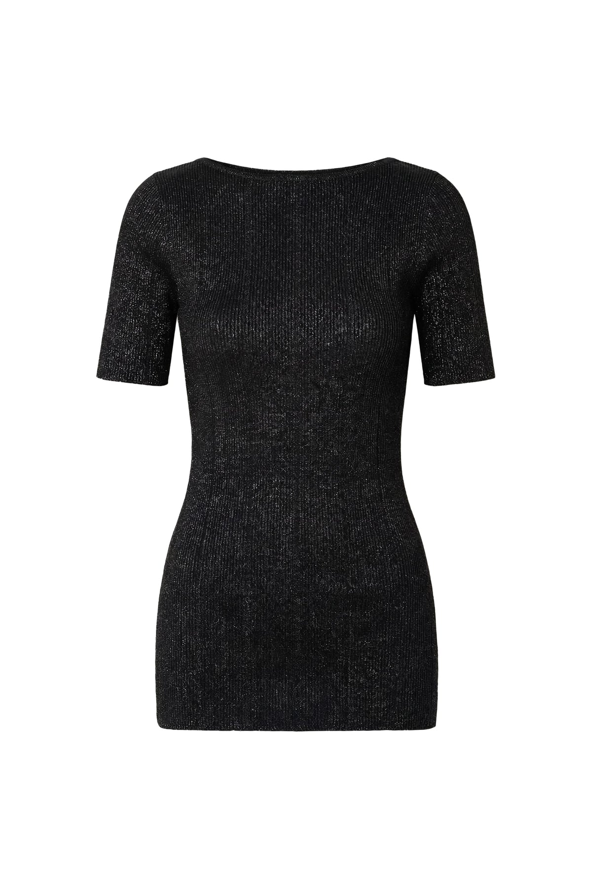 A black short-sleeve knit top with a boat neckline, shown against a plain white background.