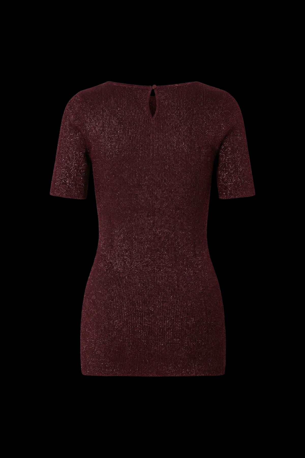 A short-sleeve knit mini dress in a deep burgundy color with a subtle textured sheen, shown against a solid black background.