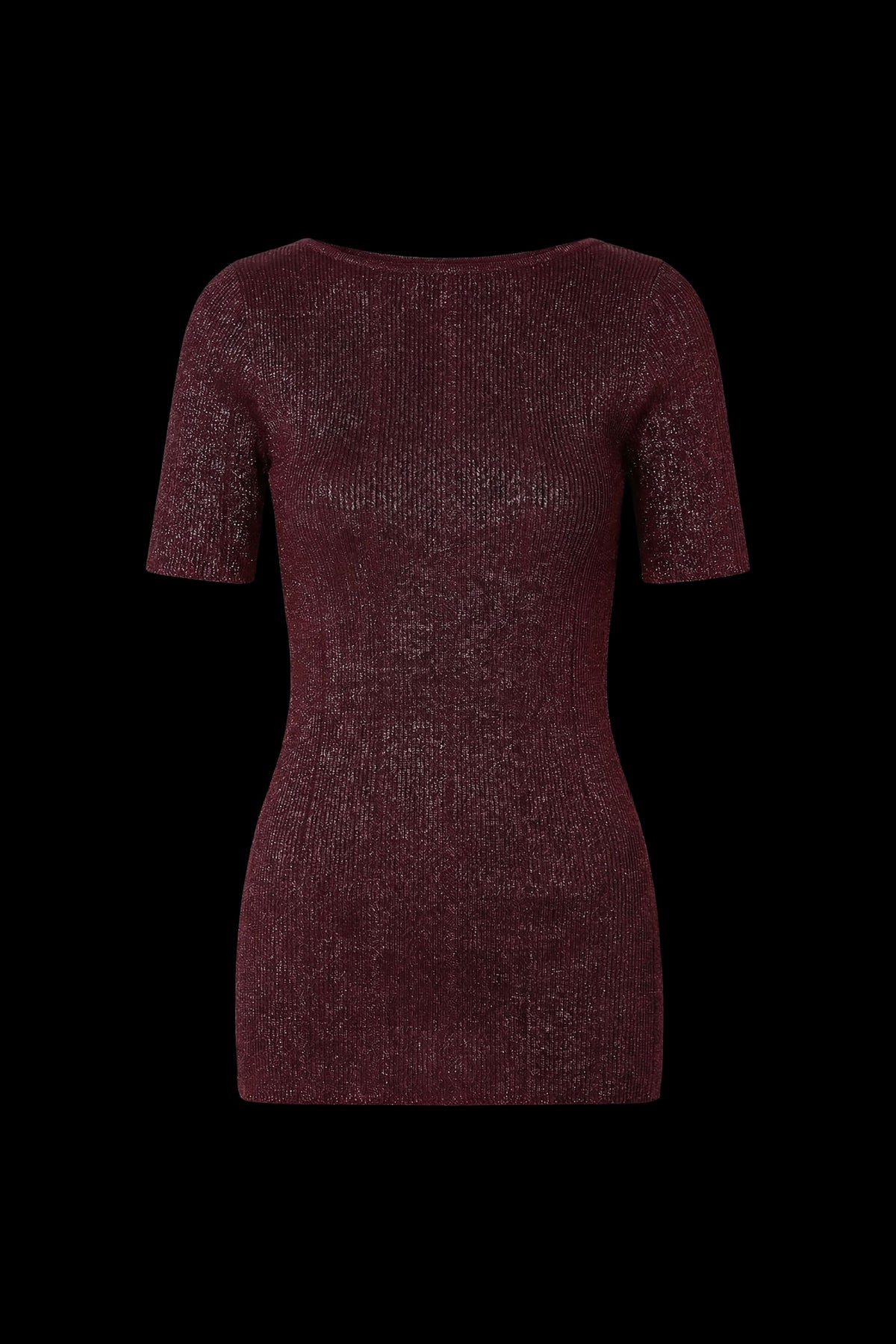 A short-sleeve ribbed knit top in a deep burgundy or maroon color, presented against a solid black background.