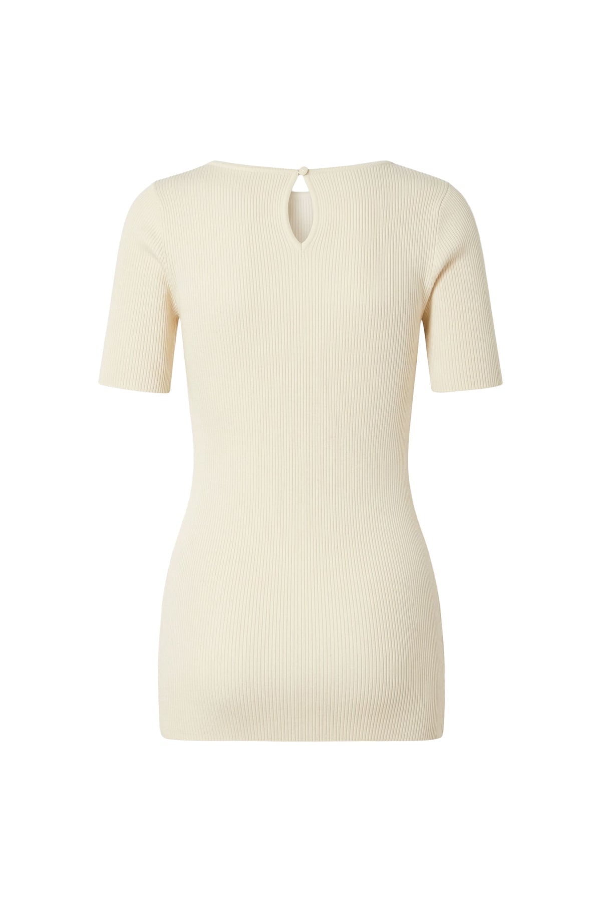 A cream-colored short-sleeve ribbed knit top with a keyhole neckline, shown against a plain white background.