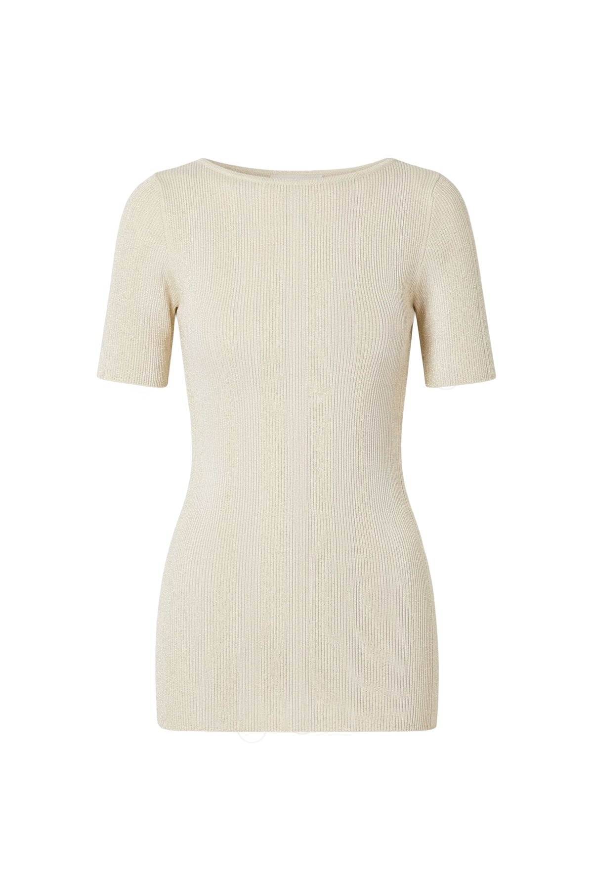 A cream-colored short-sleeve ribbed knit top with a boat neckline, shown against a plain white background.