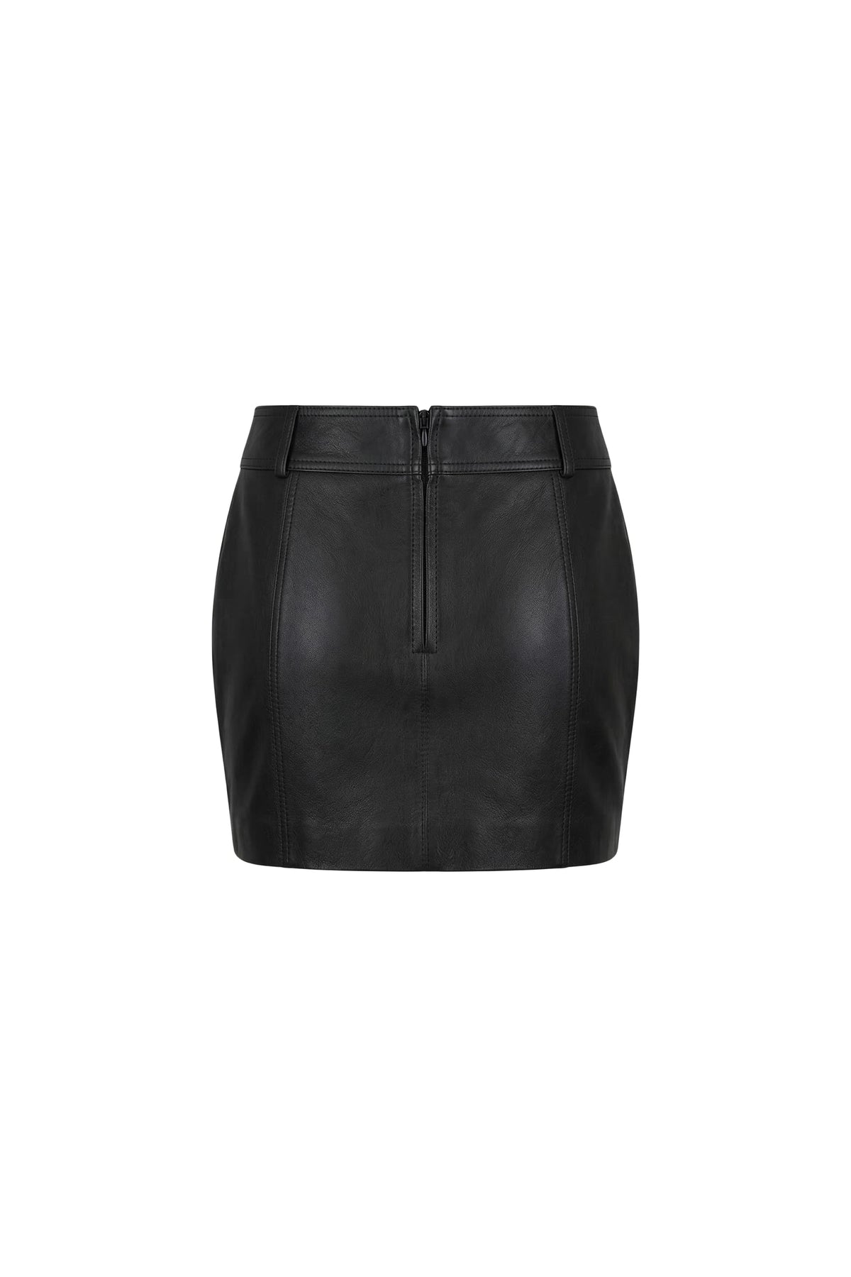 A black faux-leather mini skirt with a front zipper and belt loops, shown against a plain white background.