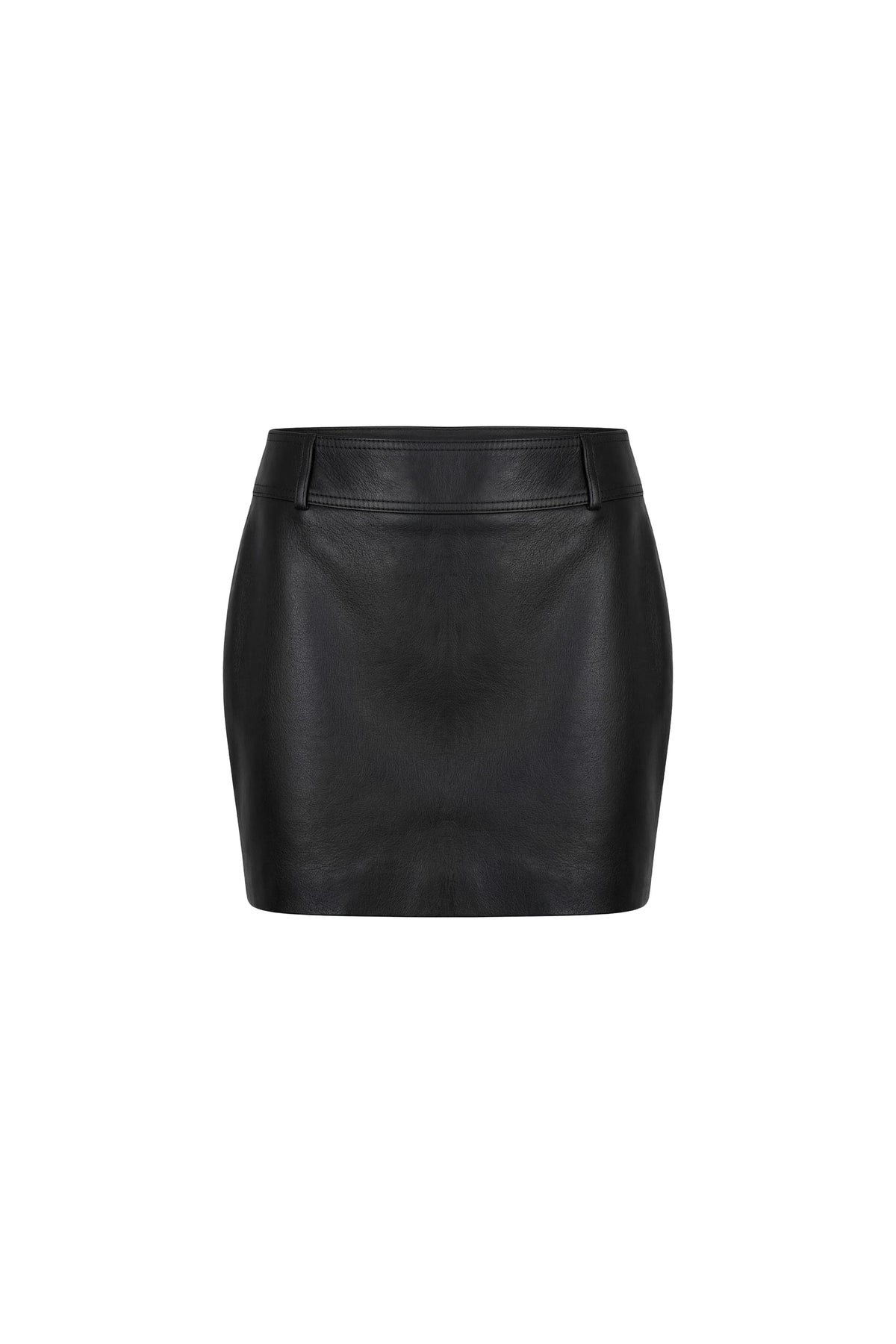 A black faux-leather mini skirt with a structured waistband and front seam detailing, shown against a plain white background.