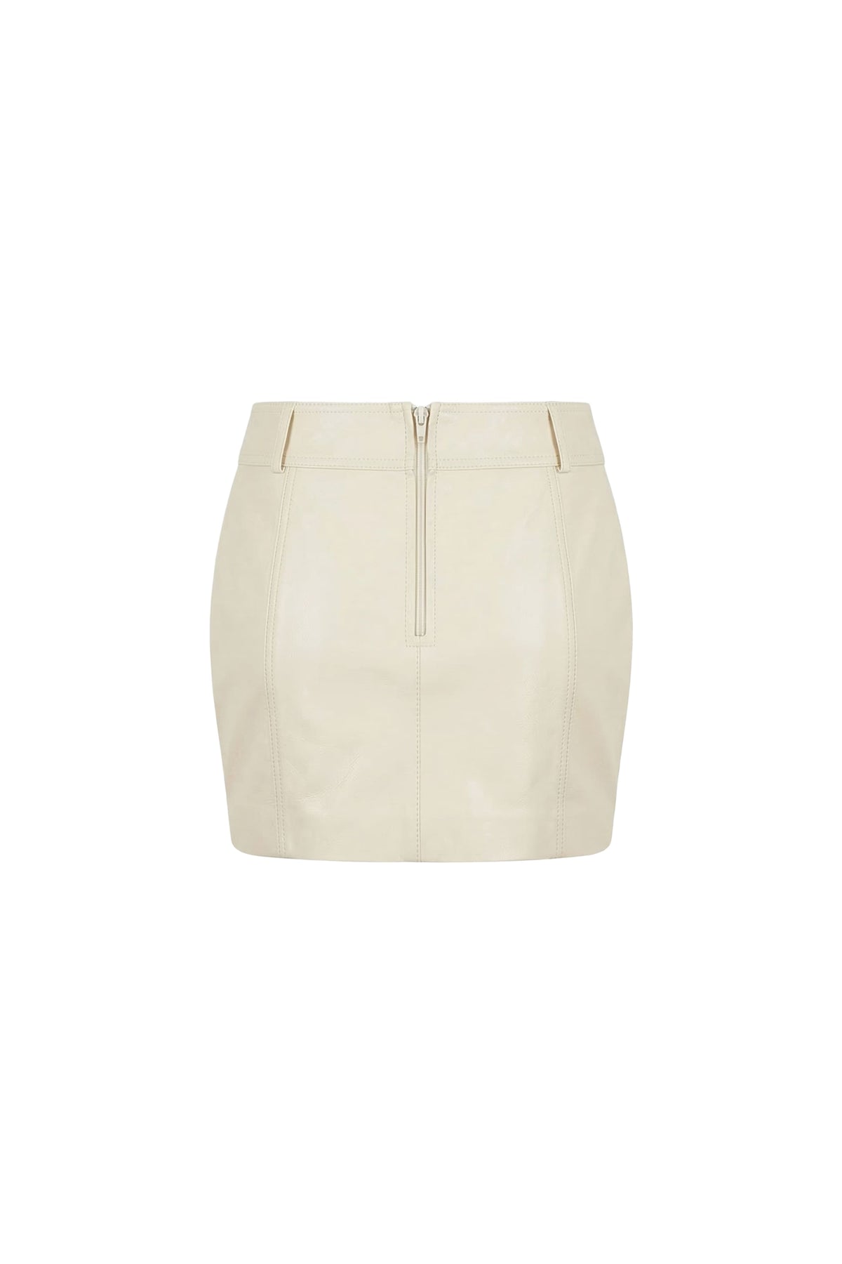 A cream-colored faux leather mini skirt with a front zipper, photographed against a solid white background.