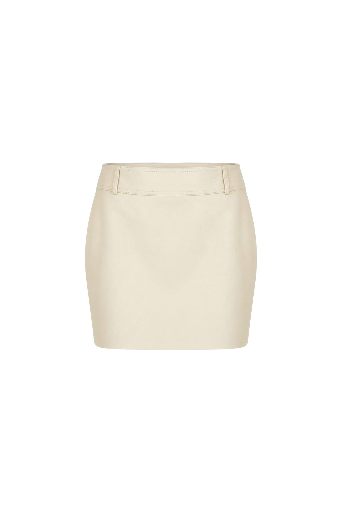 A light beige mini skirt with a structured waistband and front seam detail, shown against a plain white background.
