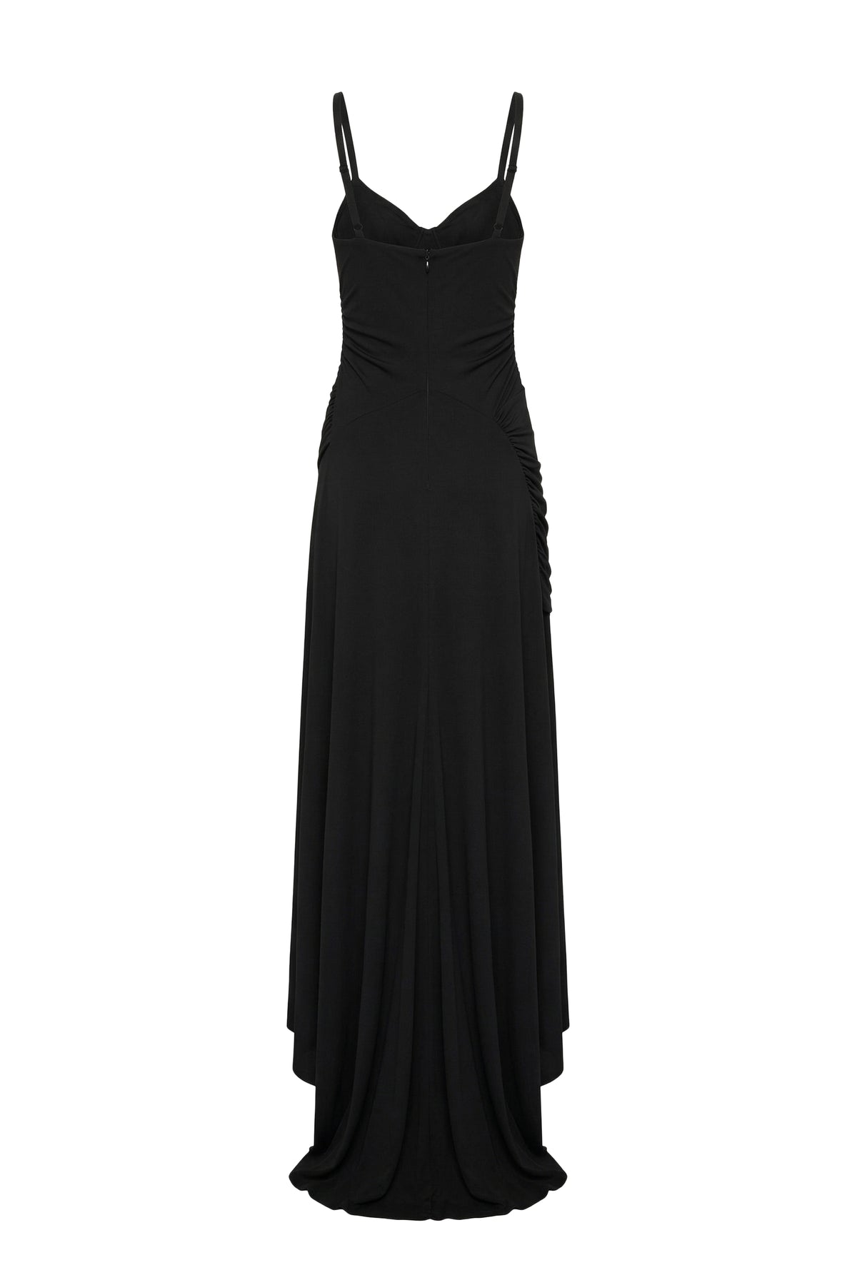 A black sleeveless maxi dress with thin spaghetti straps, a sweetheart neckline, and a draped, gathered silhouette, shown against a plain white background.