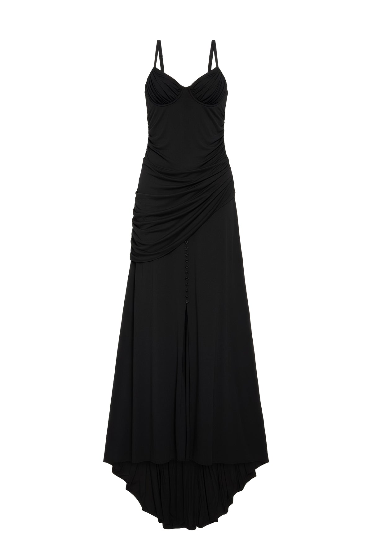 A black high-low midi dress with thin shoulder straps, a sweetheart neckline, and a draped ruched bodice, shown against a plain white background.