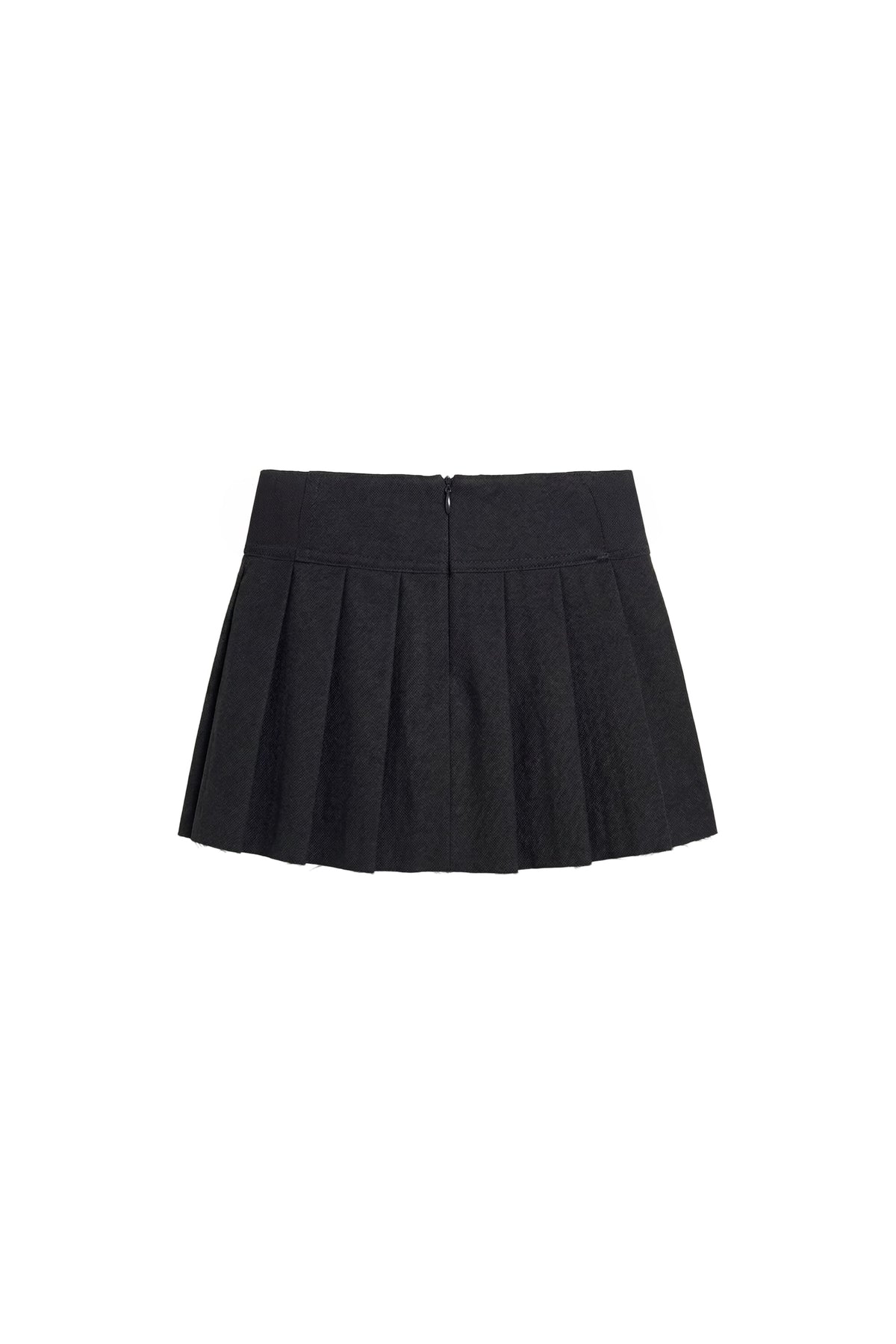A black pleated mini skirt with a wide waistband and front zipper, shown flat against a plain white background.