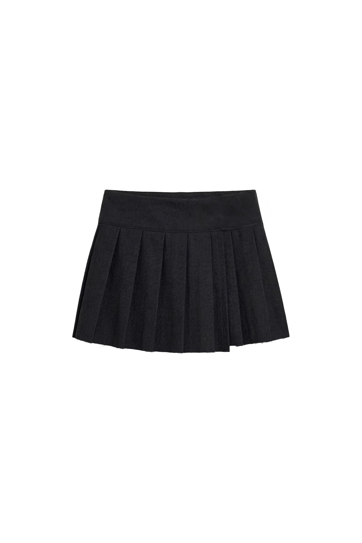 A black pleated tennis skirt with a wide waistband, shown flat against a solid white background.