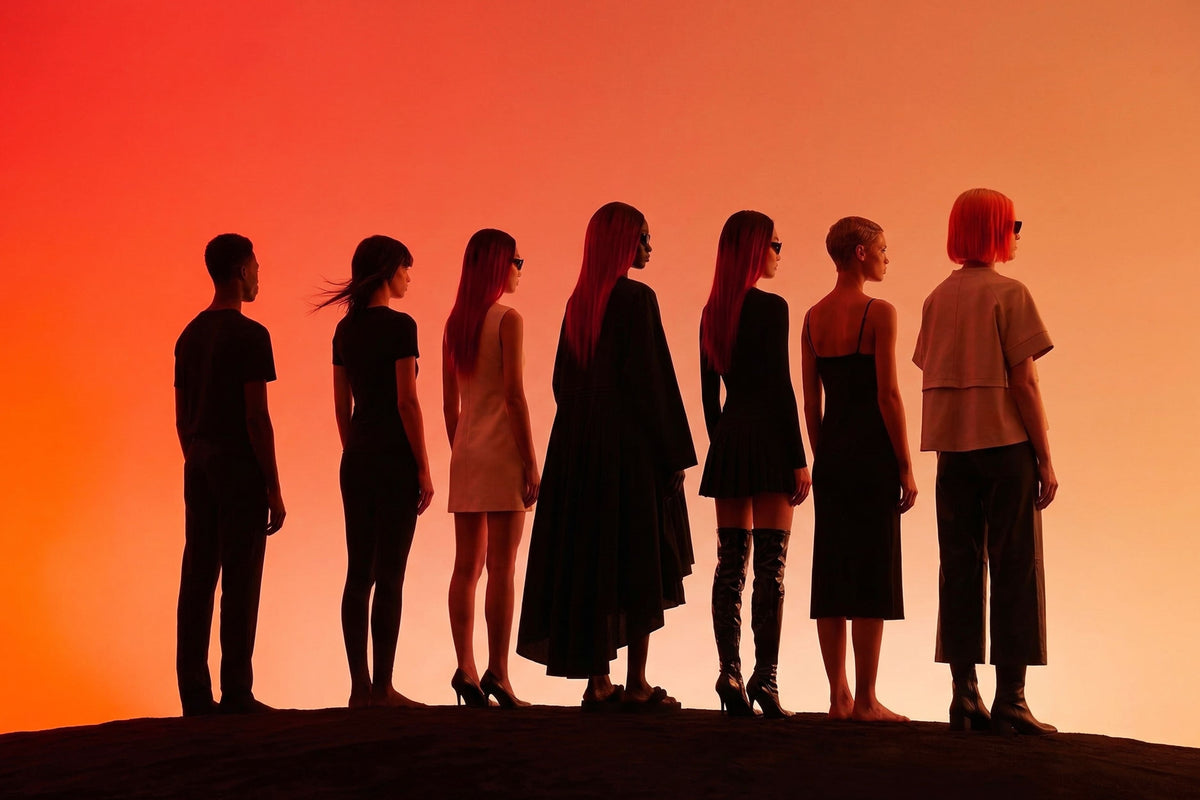 Seven people standing in a row in silhouette against a dramatic orange and red sky, viewed from the back.