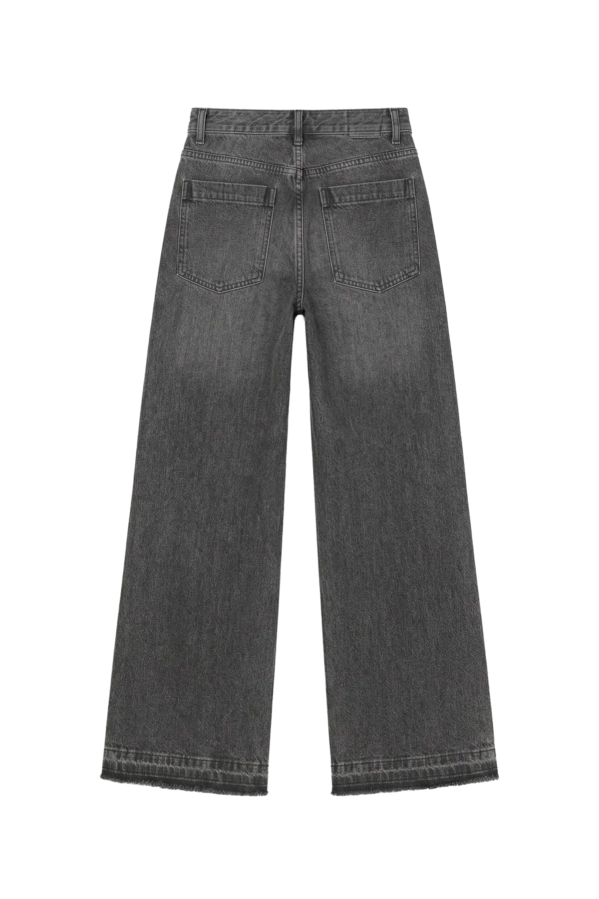 A pair of dark gray wide-leg jeans shown from the back, featuring a faded wash and classic five-pocket design, on a solid white background.
