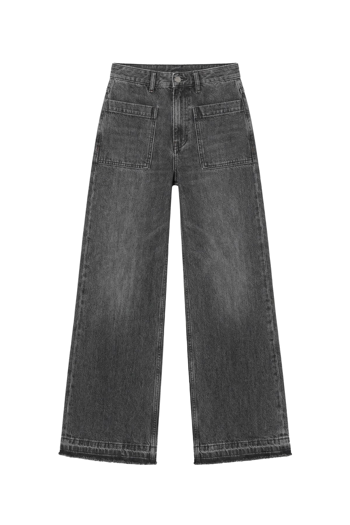 A pair of wide-leg dark gray washed denim jeans shown flat against a plain white background.