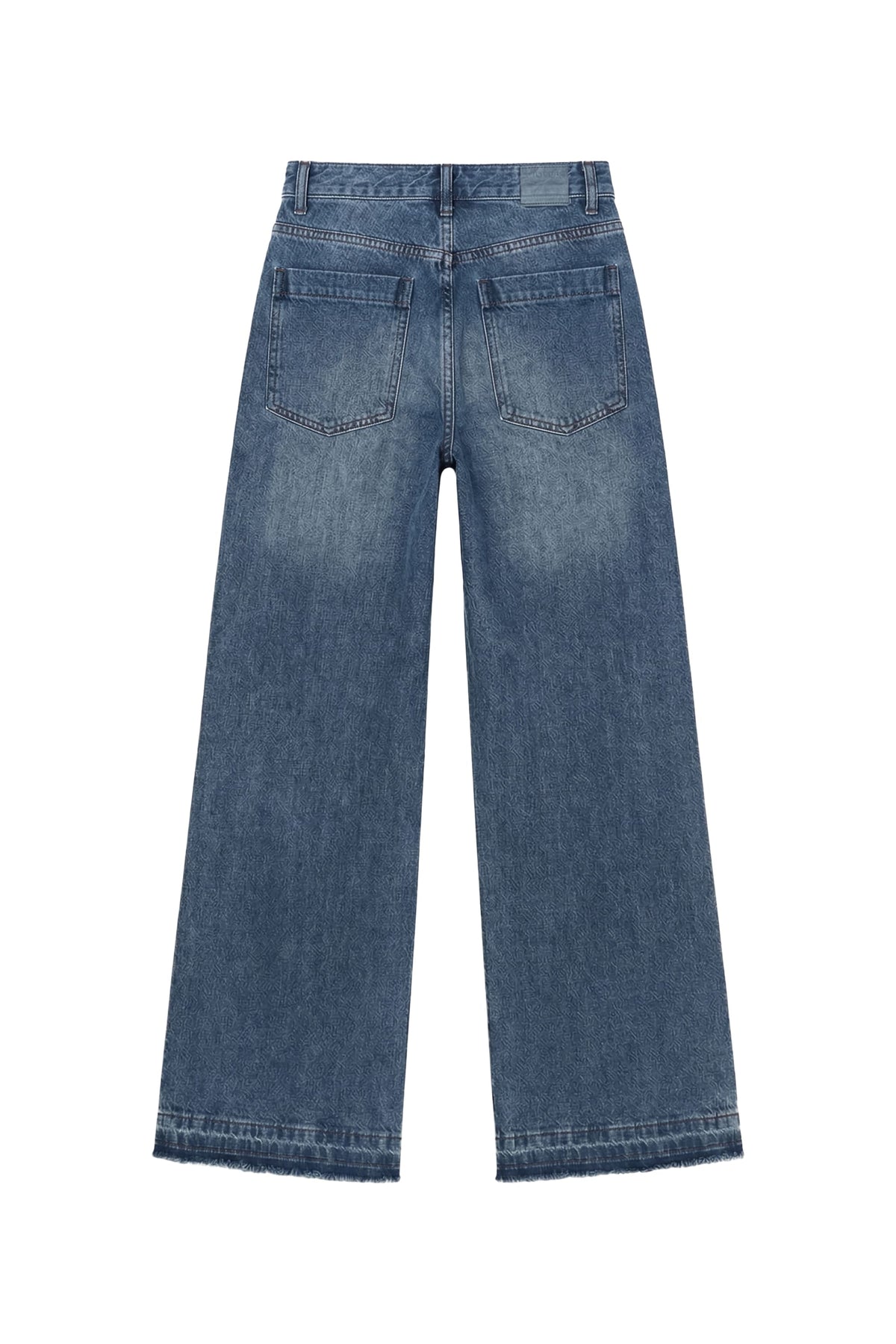 A pair of wide-leg blue denim jeans shown from the back, featuring a faded wash and classic five-pocket design, on a solid white background.