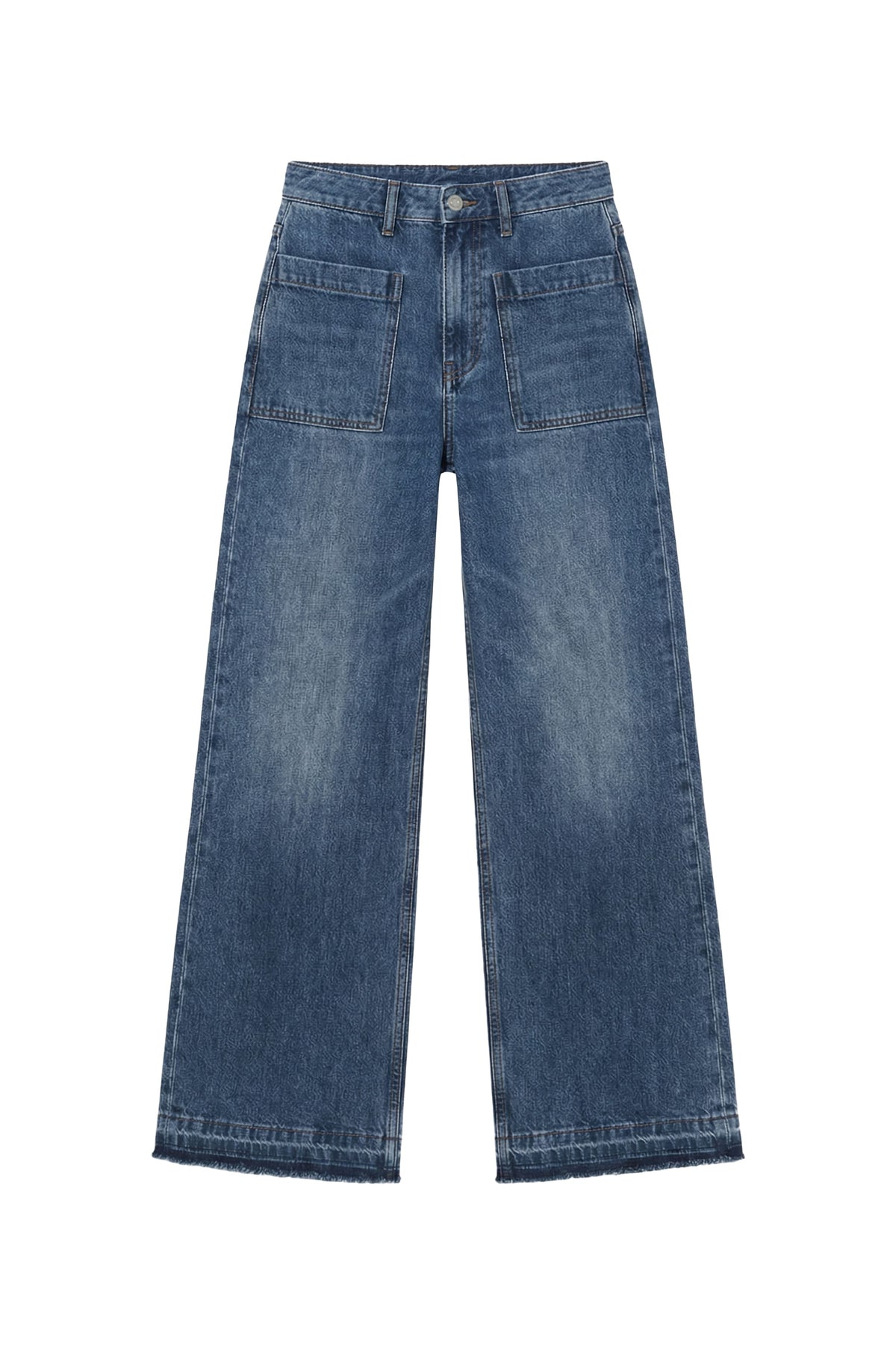 A pair of medium wash blue denim jeans with a straight-leg or wide-leg cut, featuring classic five-pocket styling and a button closure, shown flat against a plain white background.