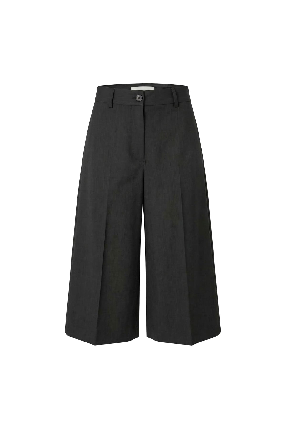 Black wide-leg cropped trousers with a button closure and belt loops, shown flat against a white background.