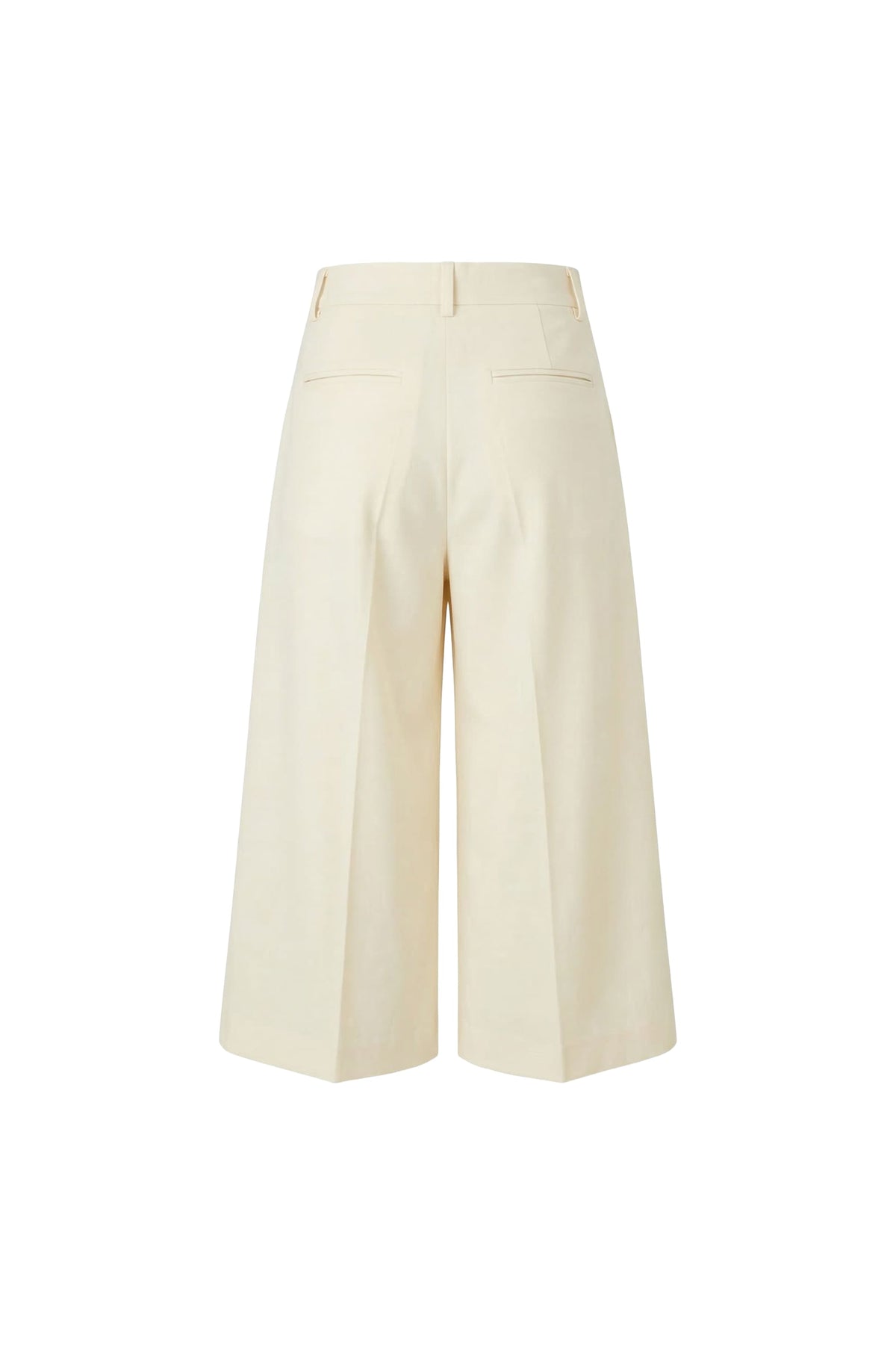 A pair of high-waisted, wide-leg cropped trousers in a light cream or off-white color, shown from the back on a plain white background.