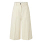 A pair of high-waisted, wide-leg cropped trousers in a light cream or off-white color, featuring a button closure at the waistband and front pleats, shown against a plain white background.