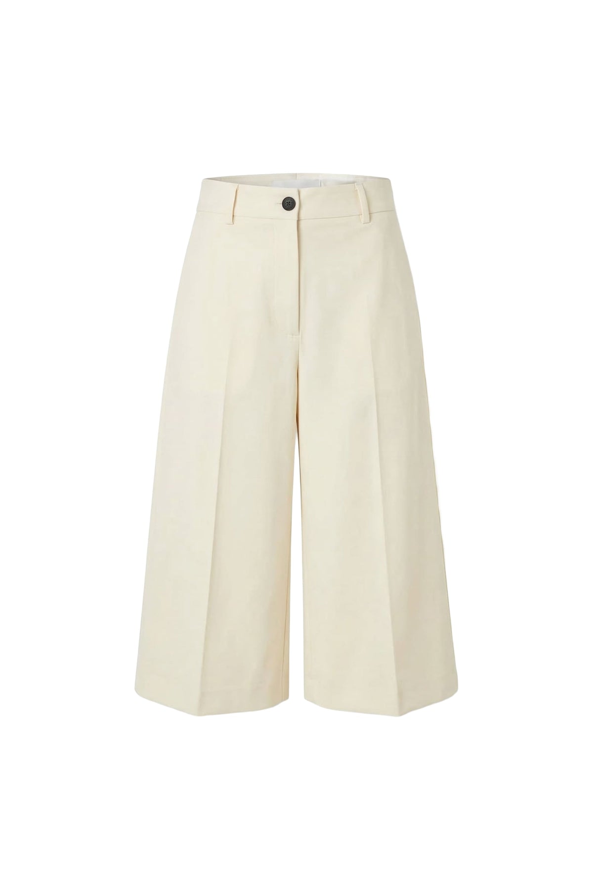 A pair of high-waisted, wide-leg cropped trousers in a light cream or off-white color, featuring a button closure at the waistband and front pleats, shown against a plain white background.