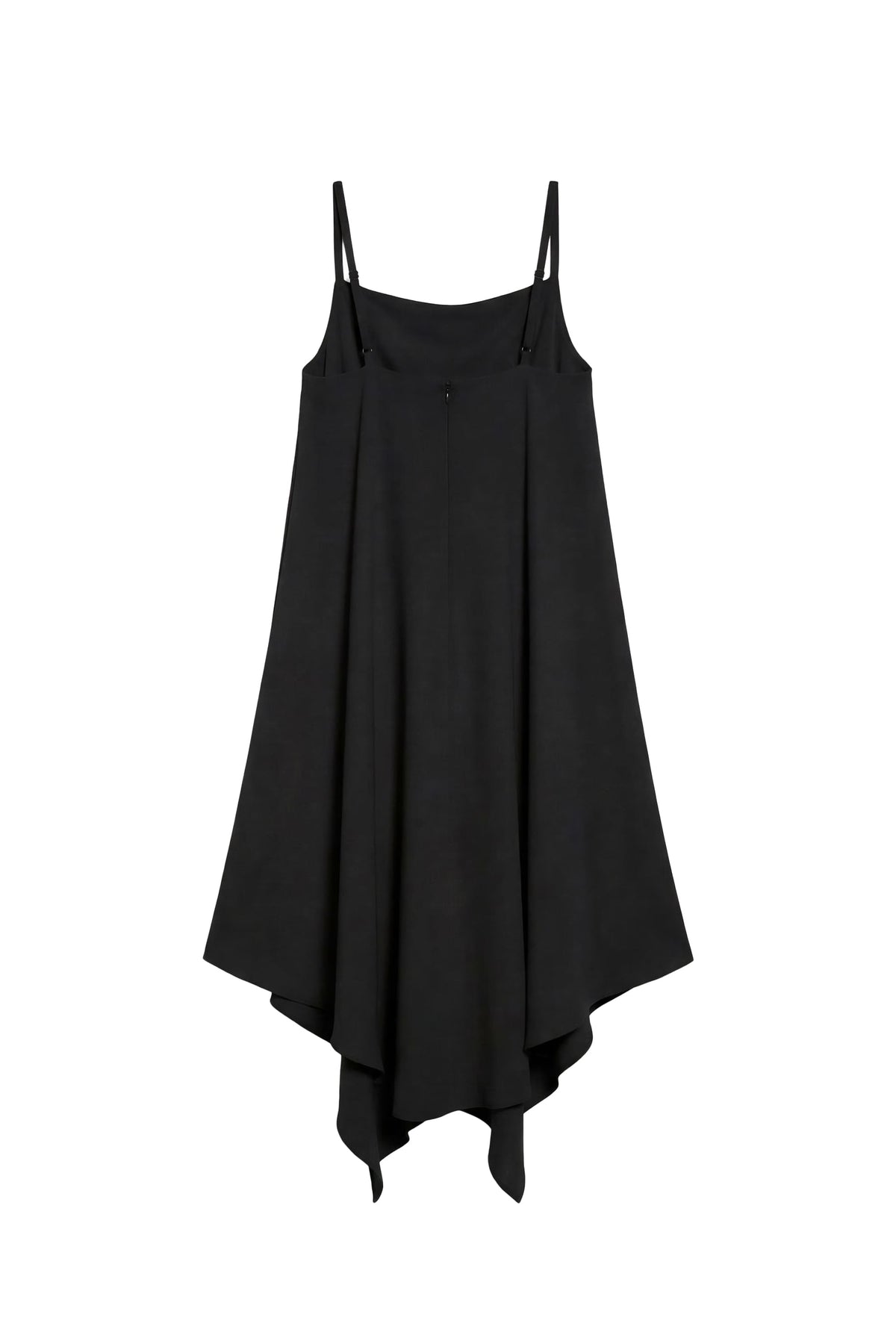 A black high-low spaghetti strap dress with a loose, flowing silhouette and a small button detail at the bust, shown against a plain white background.